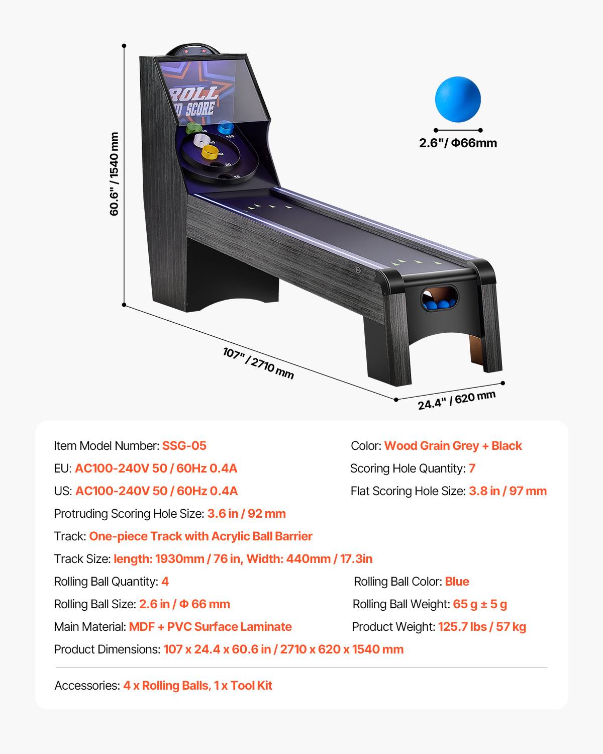 Vevor - VEVOR Skeeball 271 cm, table d'arcade Roll & Score - LED, son, barrière acrylique, retour auto, 4 billes - Image 6