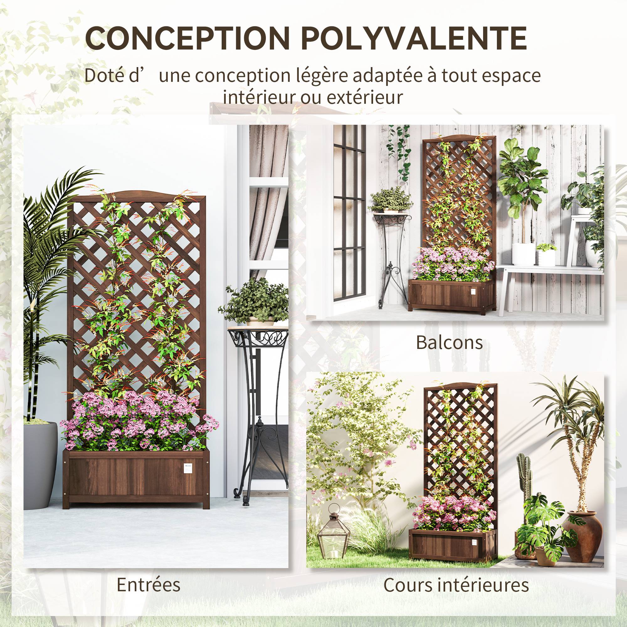 Jardinière sur pied treillis bois sapin extérieur bac fond lattes 76x36x170cm brun - ComfortXL Outdoor Living - Image 6