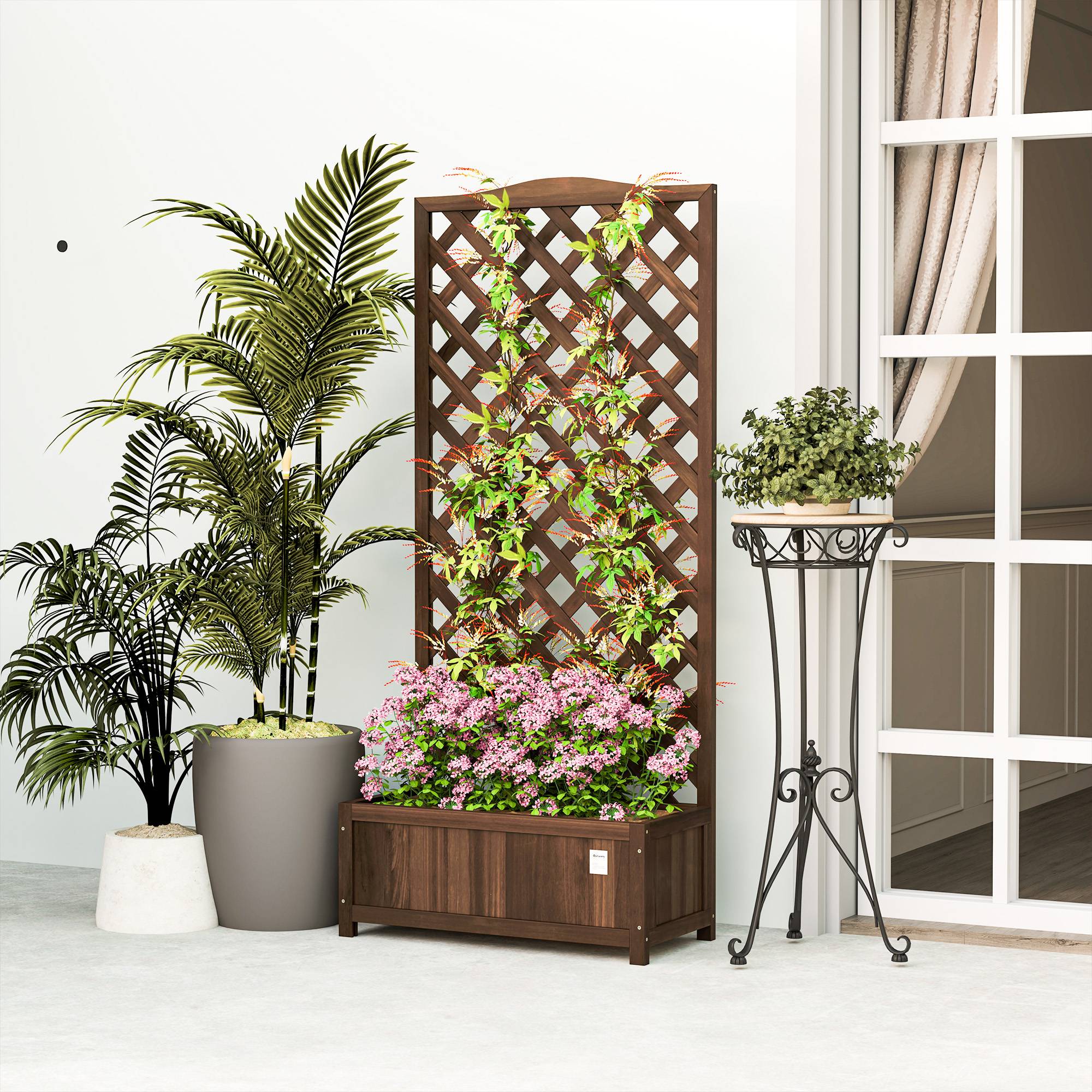 Jardinière sur pied treillis bois sapin extérieur bac fond lattes 76x36x170cm brun - ComfortXL Outdoor Living - Image 10