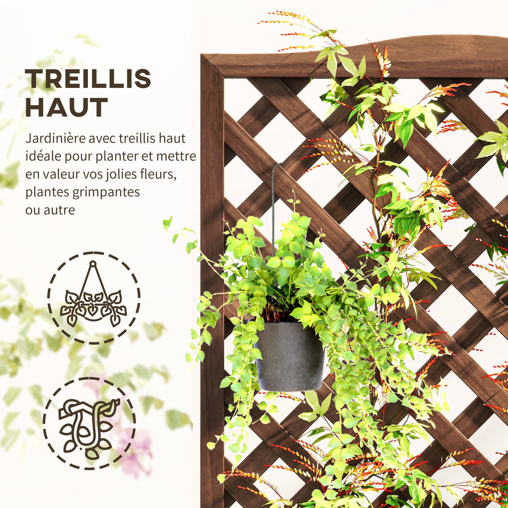 Jardinière sur pied treillis bois sapin extérieur bac fond lattes 76x36x170cm brun - ComfortXL Outdoor Living - Image 7
