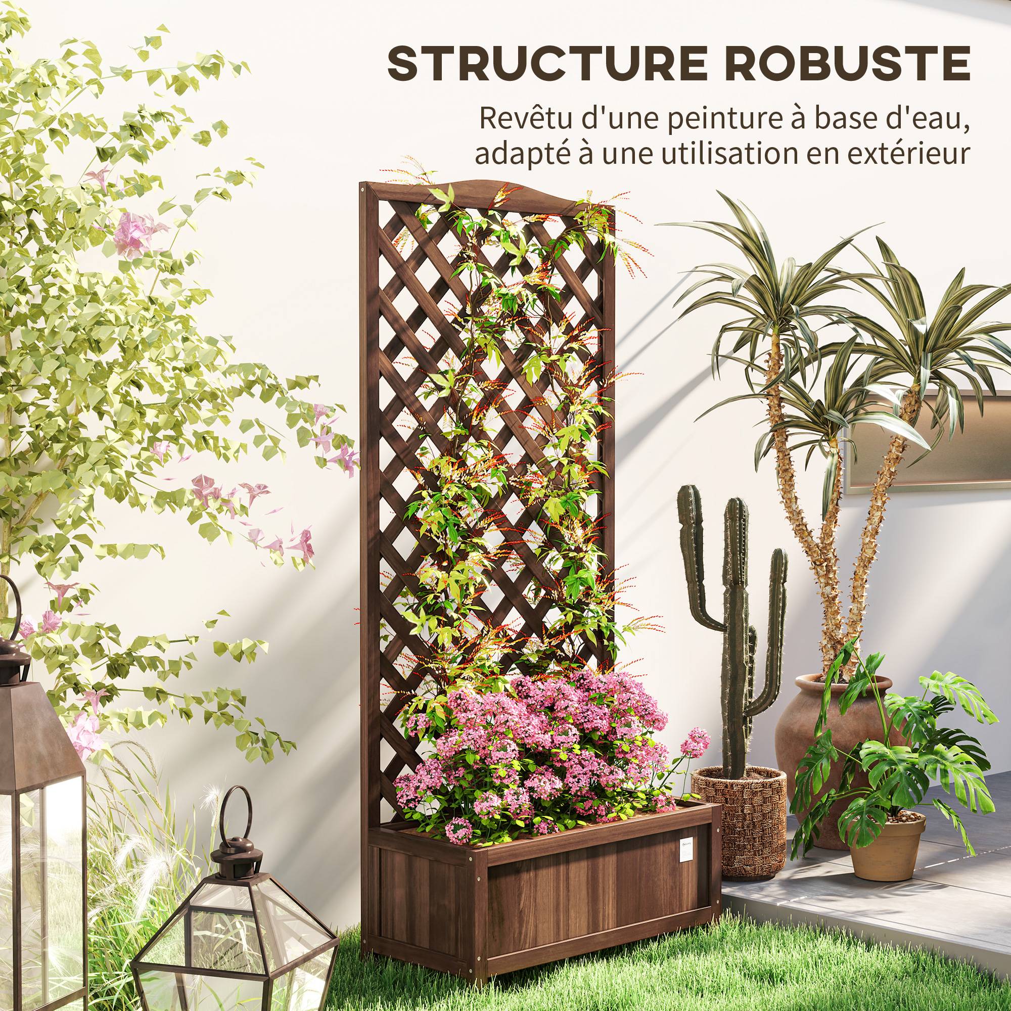 Jardinière sur pied treillis bois sapin extérieur bac fond lattes 76x36x170cm brun - ComfortXL Outdoor Living - Image 9