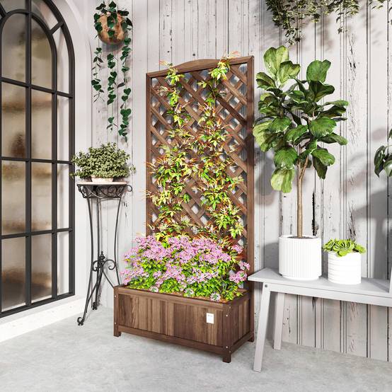 Jardinière sur pied treillis bois sapin extérieur bac fond lattes 76x36x170cm brun - ComfortXL Outdoor Living - Image 4