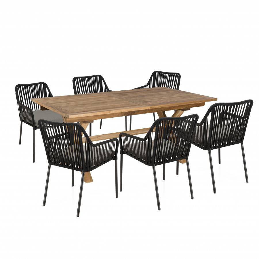 Macabane - MALO - SALON DE JARDIN 6 PERS. - 1 table rectangulaire 180x100cm et 6 fauteuils gris et noirs - Image 1