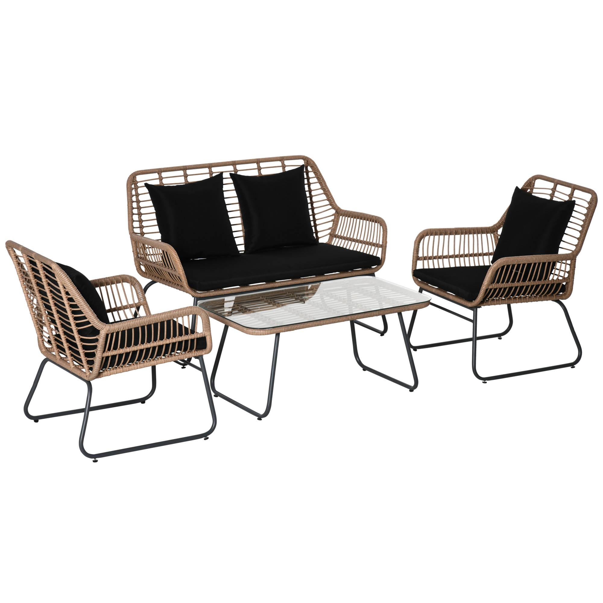 Outsunny - Salon de jardin 4 places 4 pièces style exotique métal époxy résine imitation bambou coussins grand confort inclus polyester noir - Outsunny - Image 1