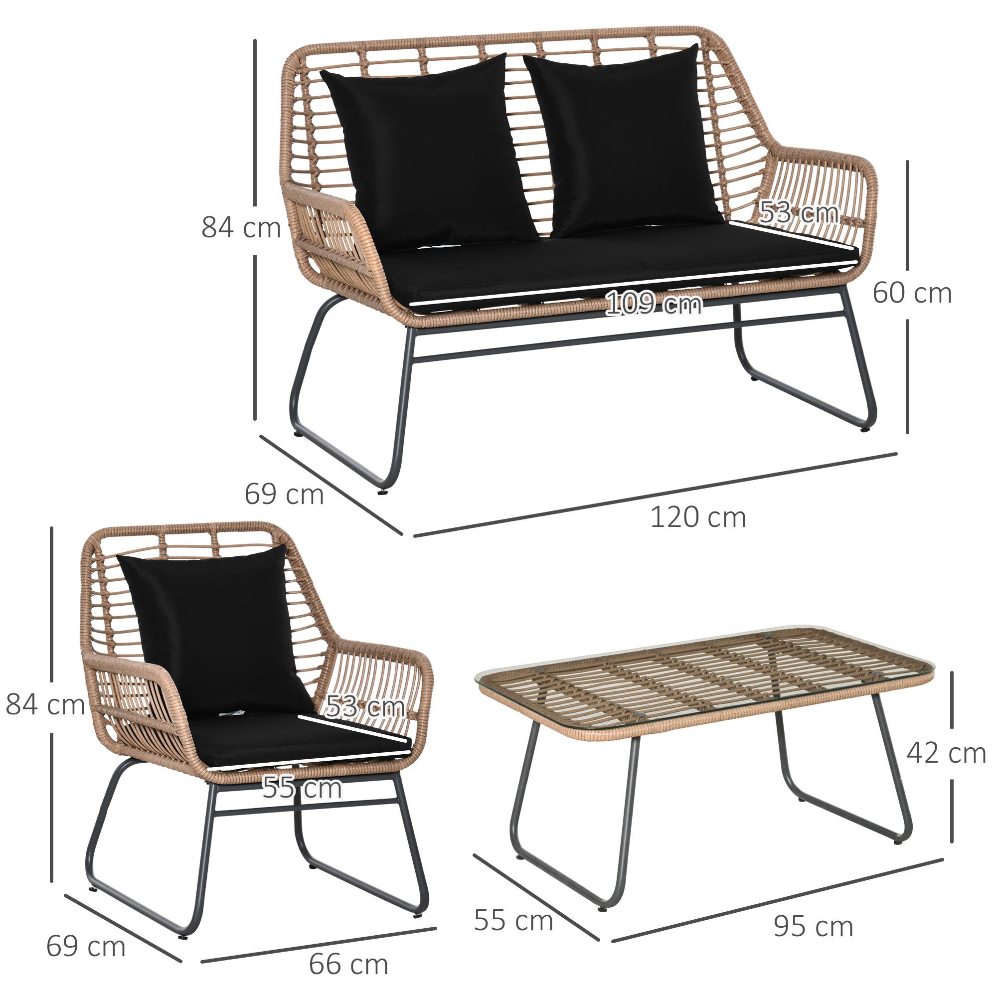 Outsunny - Salon de jardin 4 places 4 pièces style exotique métal époxy résine imitation bambou coussins grand confort inclus polyester noir - Outsunny - Image 3