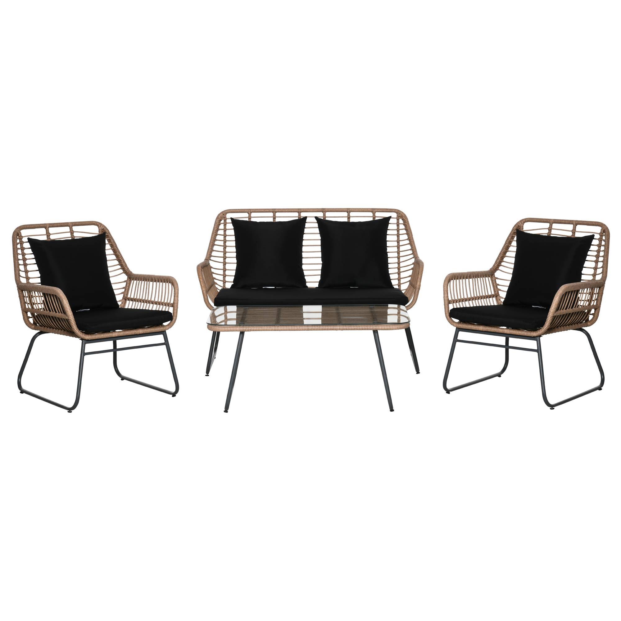 Outsunny - Salon de jardin 4 places 4 pièces style exotique métal époxy résine imitation bambou coussins grand confort inclus polyester noir - Outsunny - Image 6