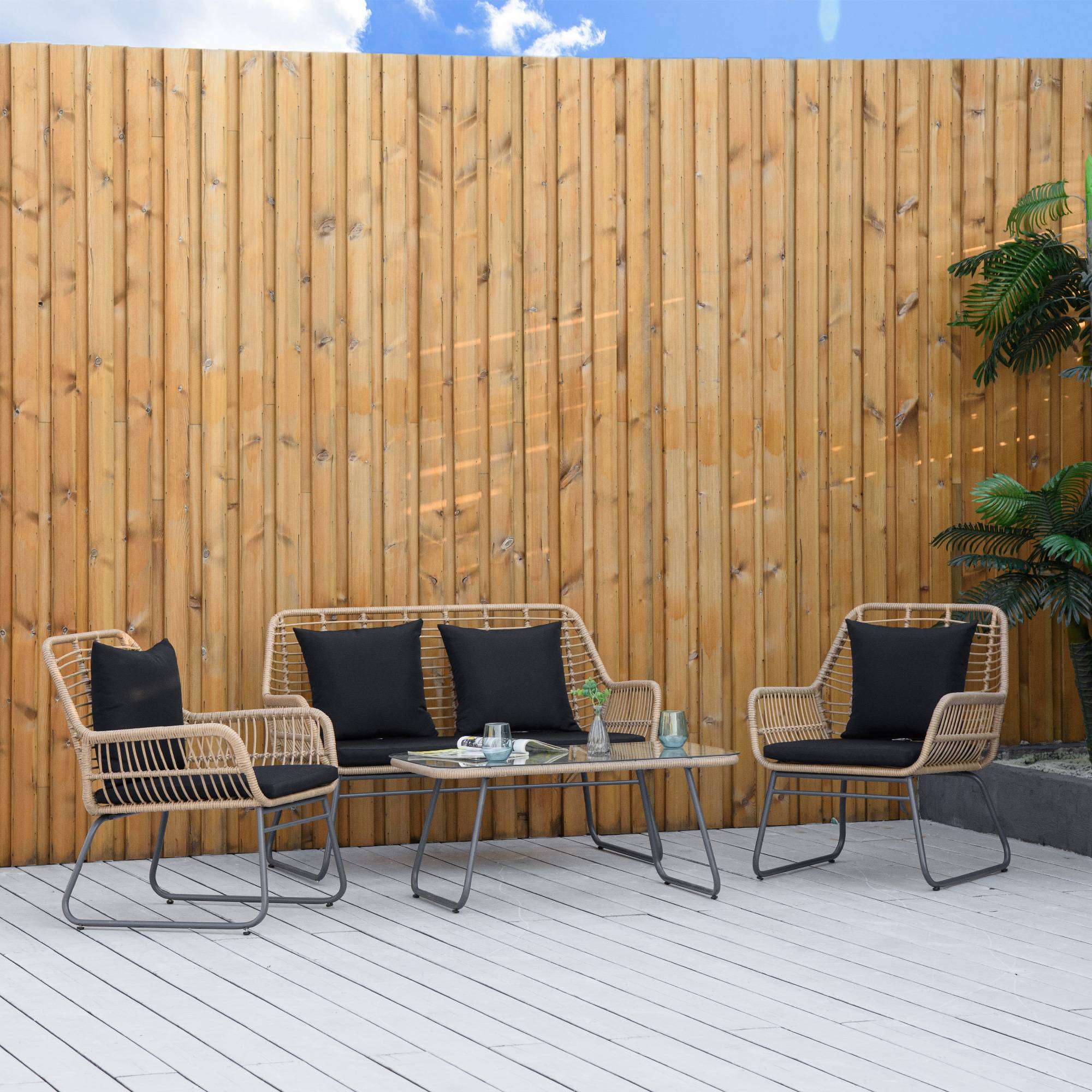 Outsunny - Salon de jardin 4 places 4 pièces style exotique métal époxy résine imitation bambou coussins grand confort inclus polyester noir - Outsunny - Image 2