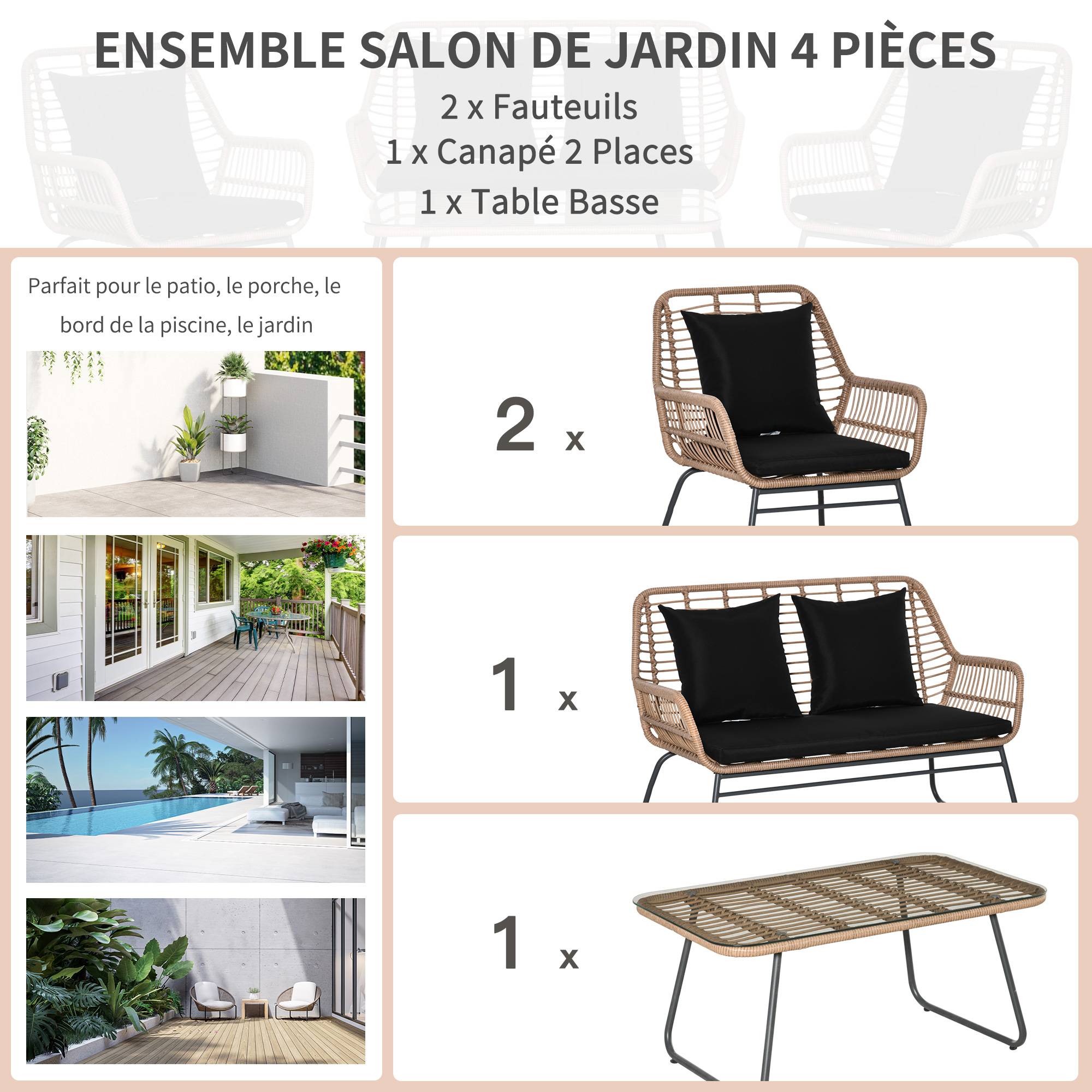 Outsunny - Salon de jardin 4 places 4 pièces style exotique métal époxy résine imitation bambou coussins grand confort inclus polyester noir - Outsunny - Image 4