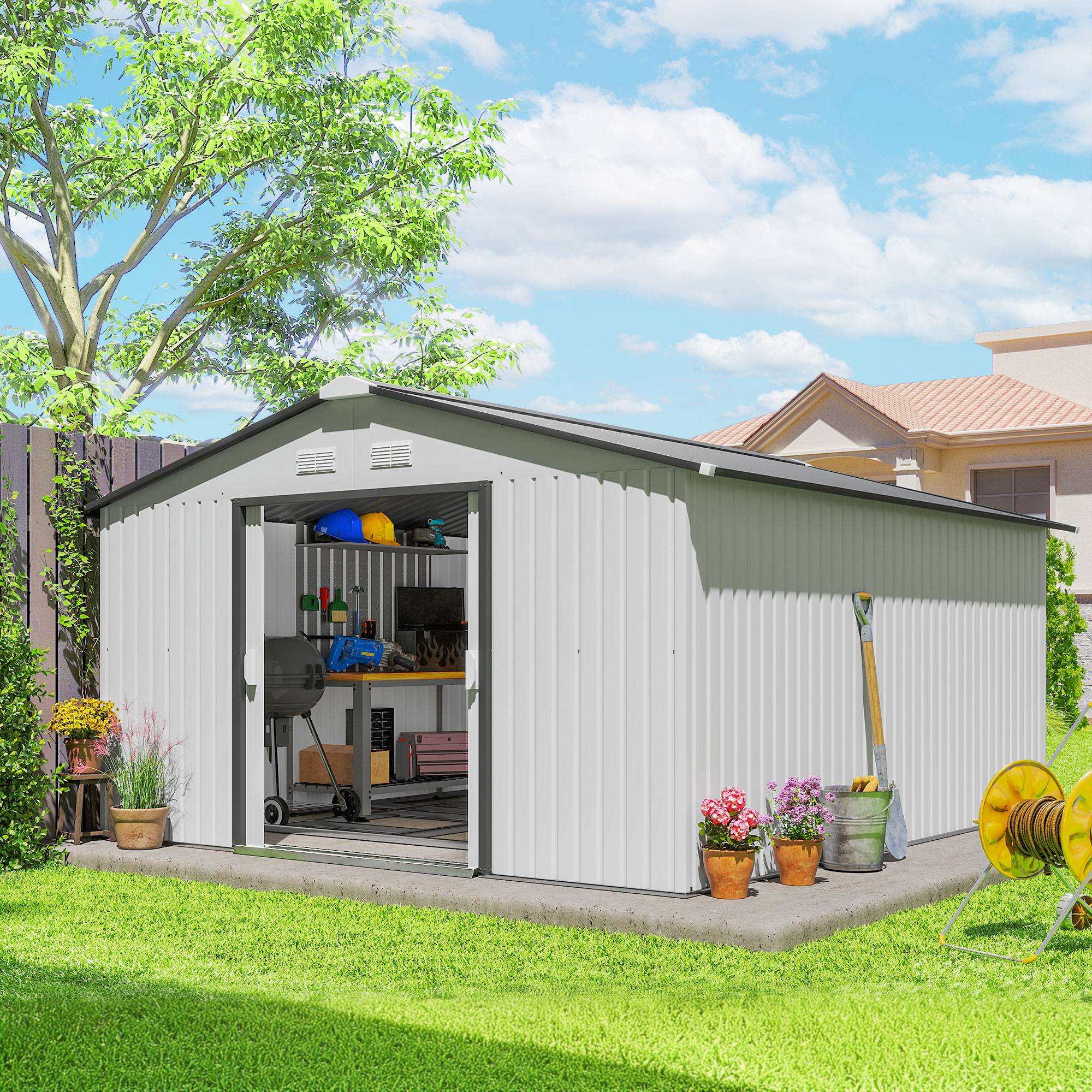 Abri de jardin en acier 3,4 x 3,8 x 2 m avec double porte coulissante et toit en pente, argent - Image 4