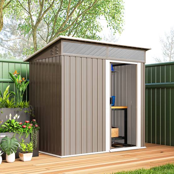 Abri de jardin en métal avec porte coulissante, fenêtres et ventilation pour le rangement extérieur 195 x 122 x 159/182 cm Marron - Image 4