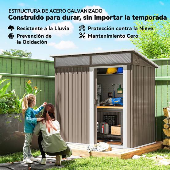Abri de jardin en métal avec porte coulissante, fenêtres et ventilation pour le rangement extérieur 195 x 122 x 159/182 cm Marron - Image 5