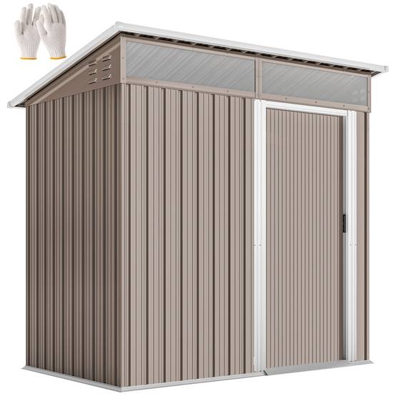 Abri de jardin en métal avec porte coulissante, fenêtres et ventilation pour le rangement extérieur 195 x 122 x 159/182 cm Marron - Image 1