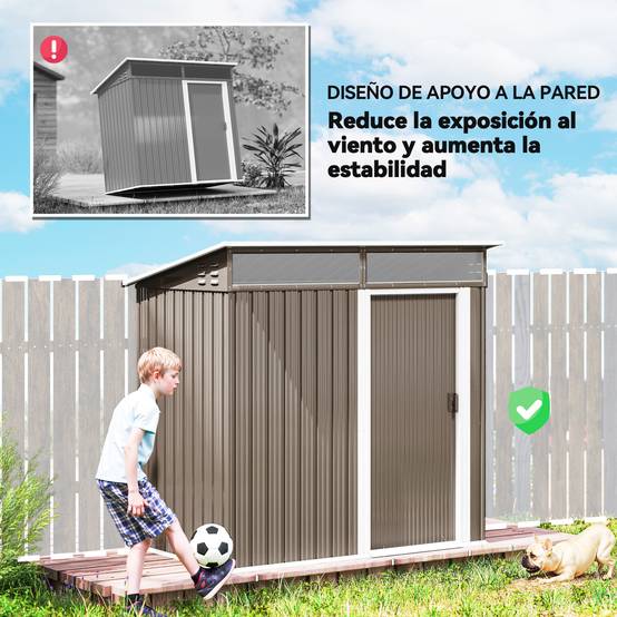 Abri de jardin en métal avec porte coulissante, fenêtres et ventilation pour le rangement extérieur 195 x 122 x 159/182 cm Marron - Image 9