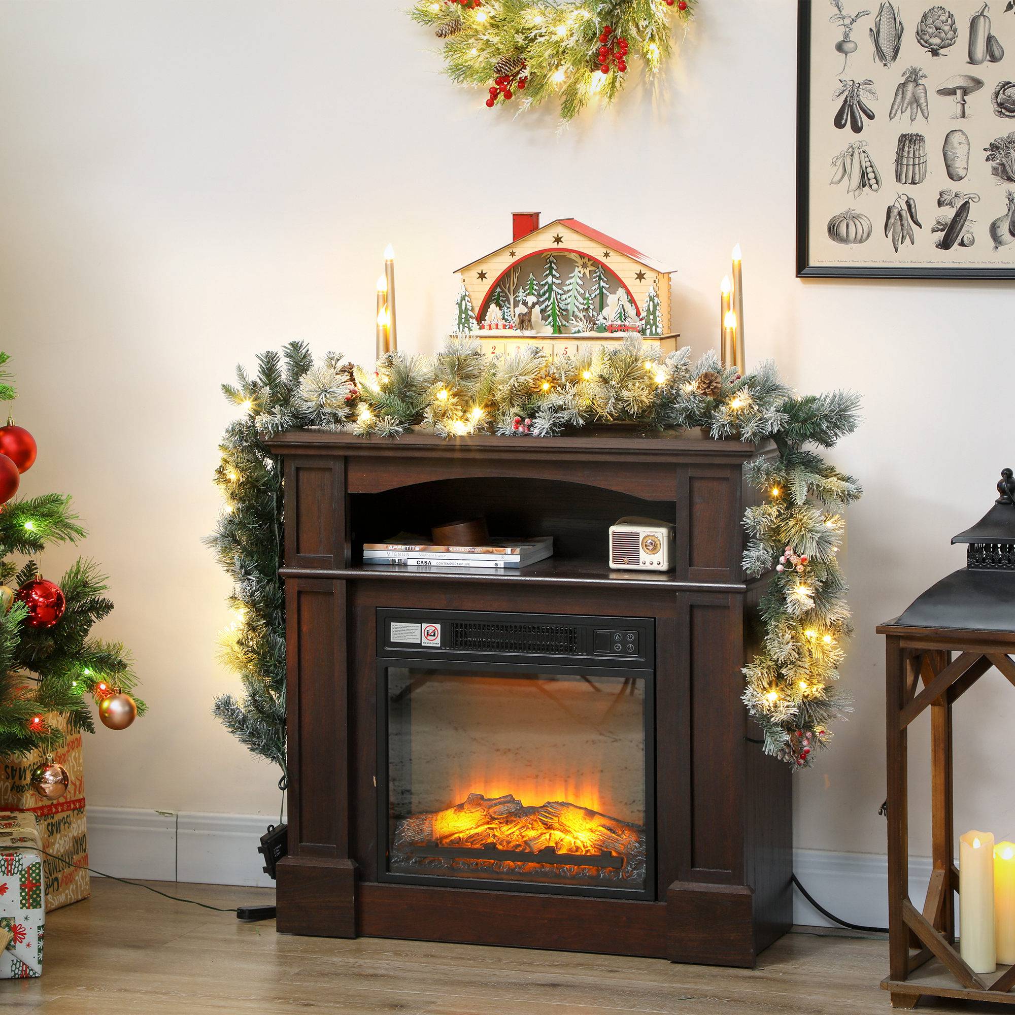 Guirlande de Noël Ø25x180 cm avec 50 lumières LED, baies et pommes de pin, en plastique et métal, verte et blanche - Image 3