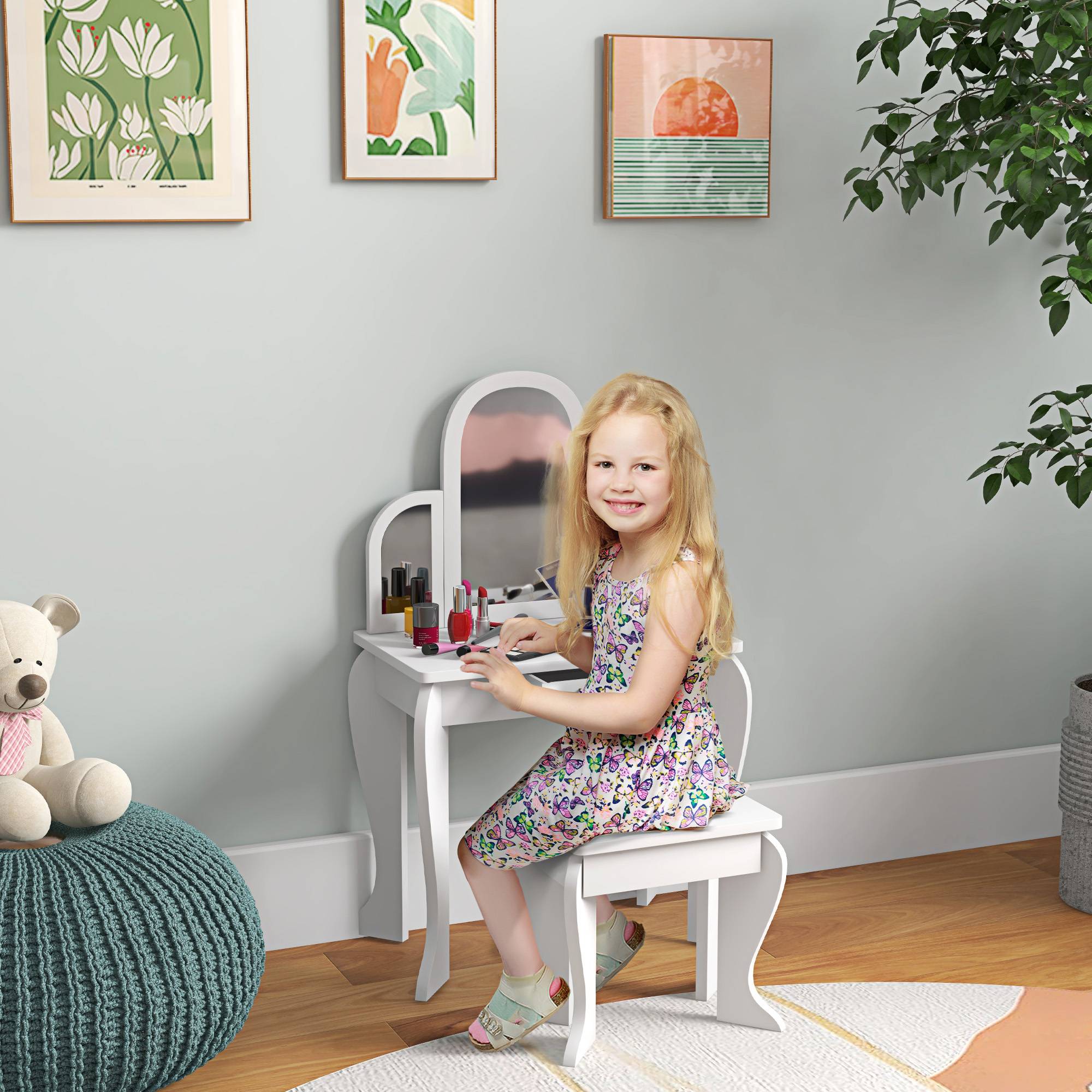Sans Marque - Coiffeuse pour enfants avec miroir et tabouret, meuble de maquillage pour filles de 3 à 6 ans avec tiroir, blanche - Image 4