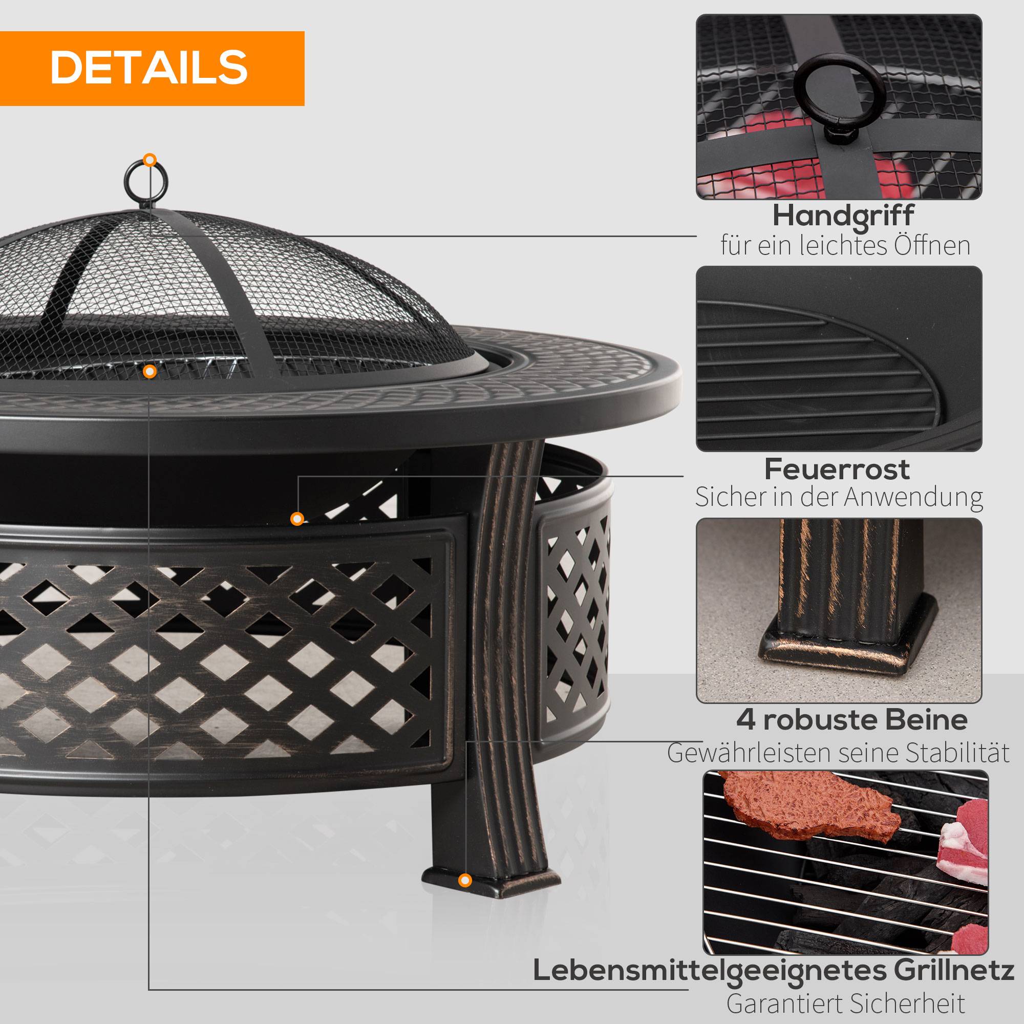 ComfortXL - Brasero 2-en-1 acier 81 x 81 x 50 cm noir effet bronze pour jardin avec barbecue tablette et pare-étincelles - Image 5