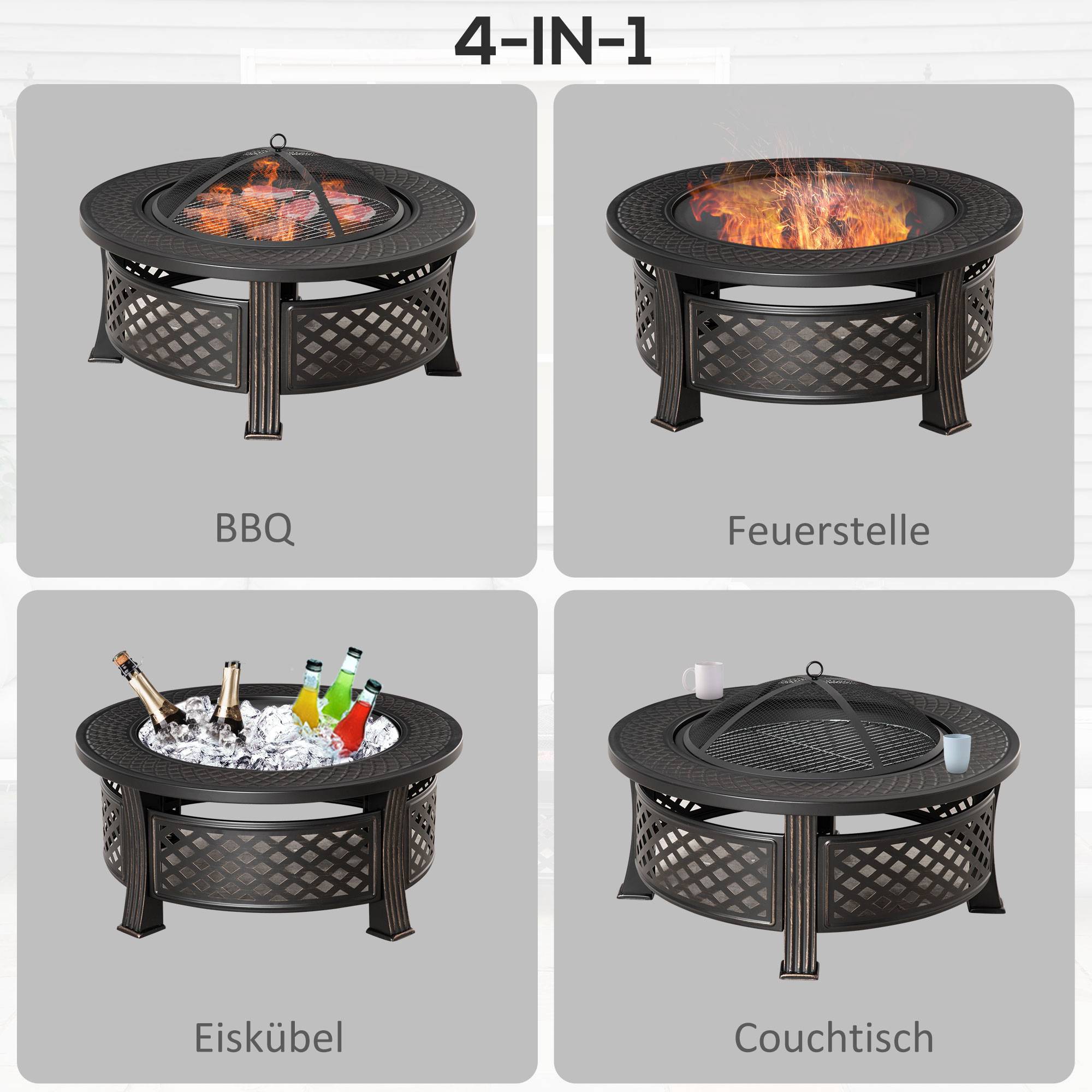 ComfortXL - Brasero 2-en-1 acier 81 x 81 x 50 cm noir effet bronze pour jardin avec barbecue tablette et pare-étincelles - Image 7