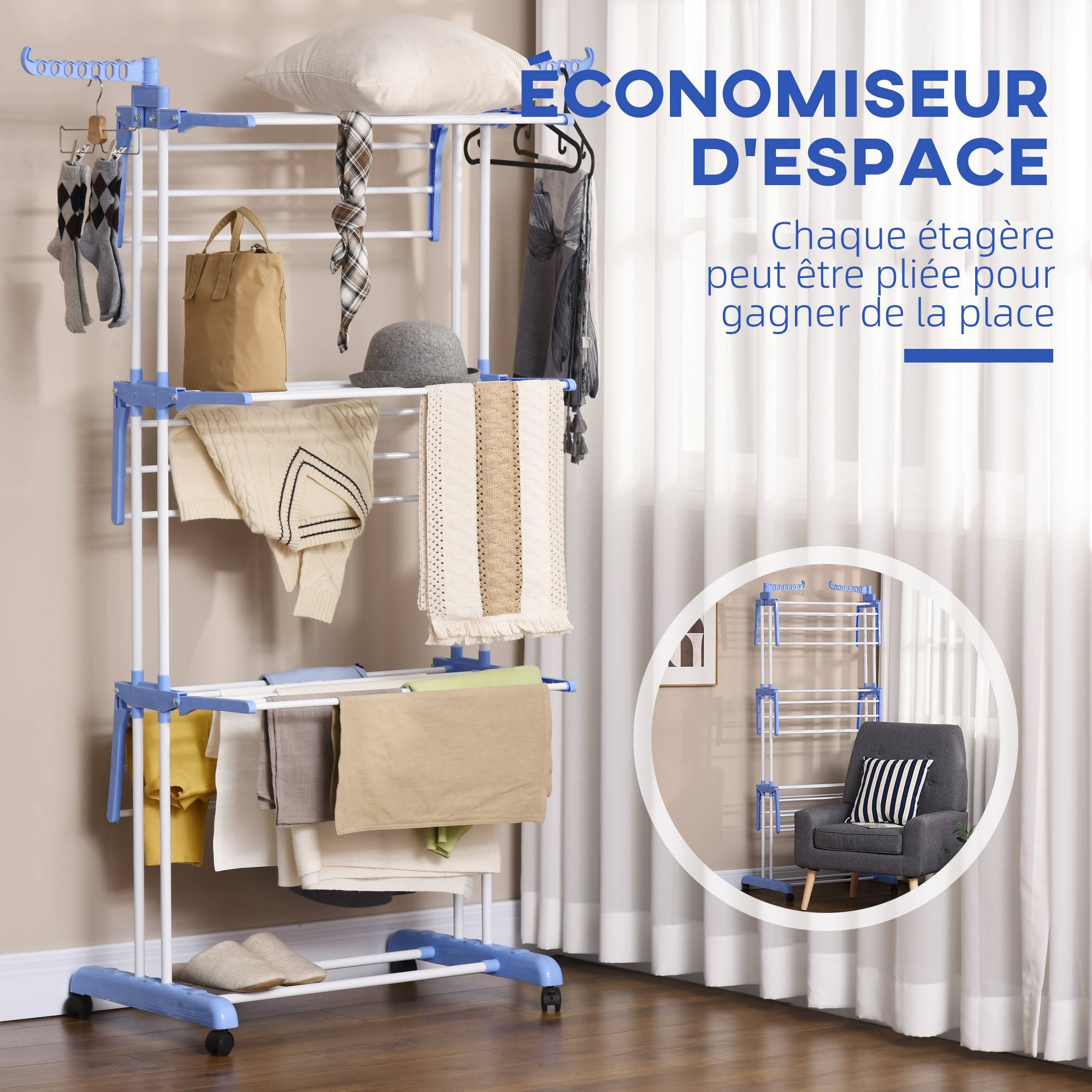 Homcom - Séchoir étendoir à linge sur roulette pliable 1.73x0.64x1.77m ailes latérales int/ext 3 niveaux acier bleu argent - HOMCOM - Image 6