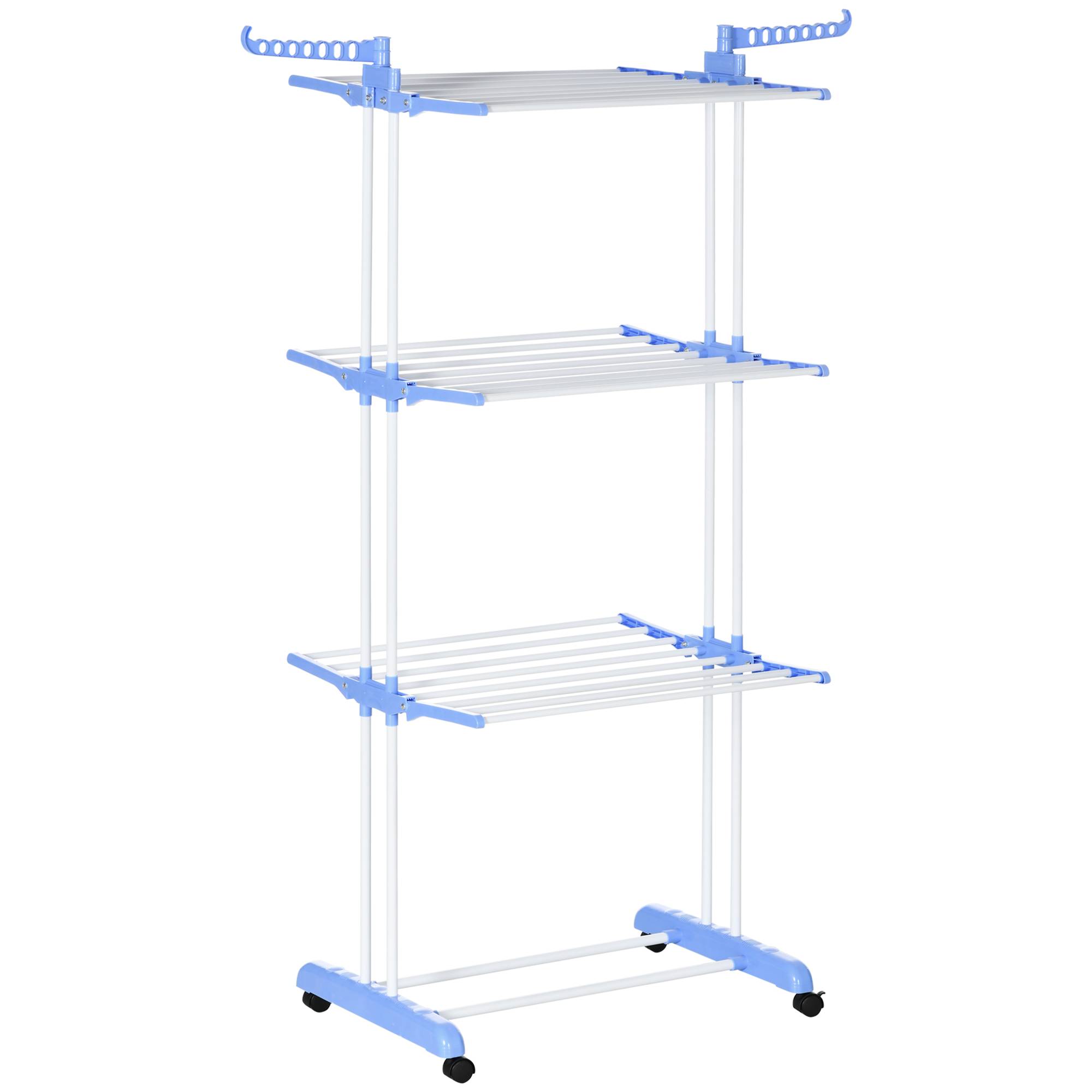 Homcom - Séchoir étendoir à linge sur roulette pliable 1.73x0.64x1.77m ailes latérales int/ext 3 niveaux acier bleu argent - HOMCOM - Image 1