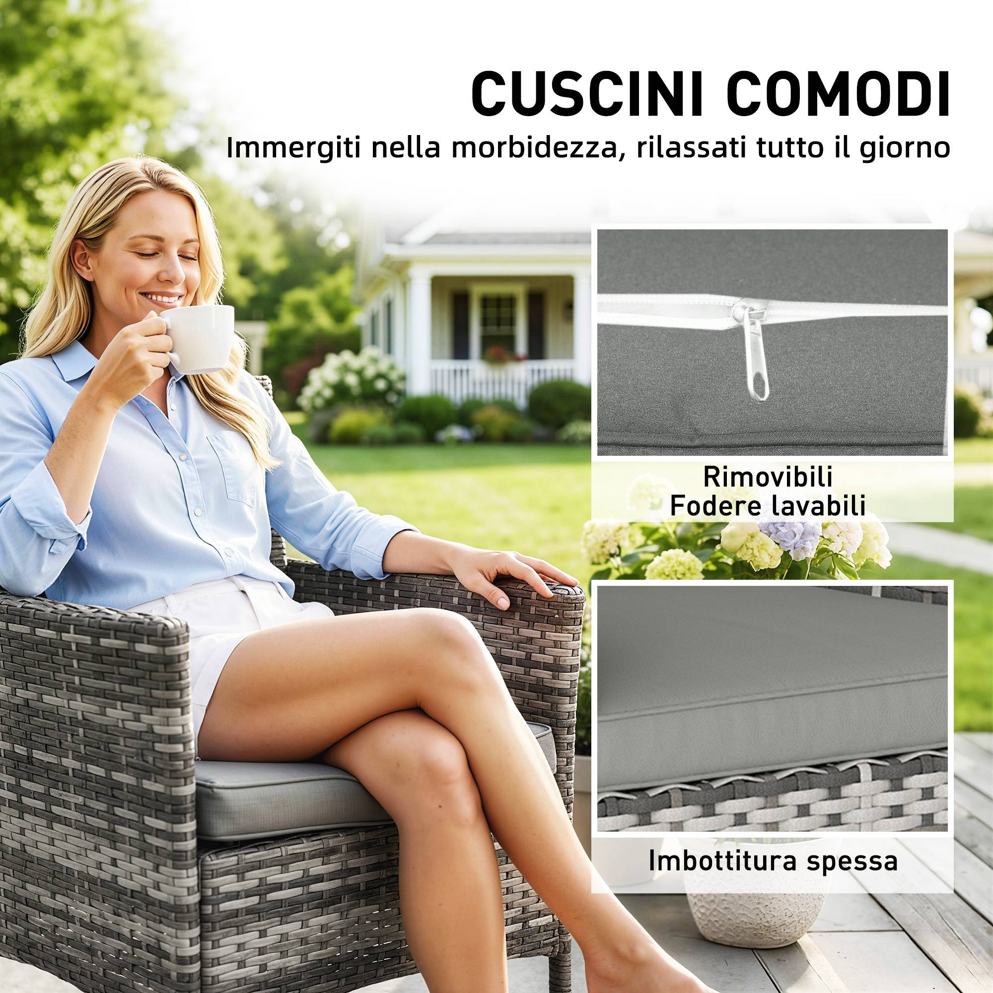 Lot de 2 Chaises de Jardin Résine Tressée Balcon Dossier Ergonomique Gris - ComfortXL Outdoor Living - Image 8