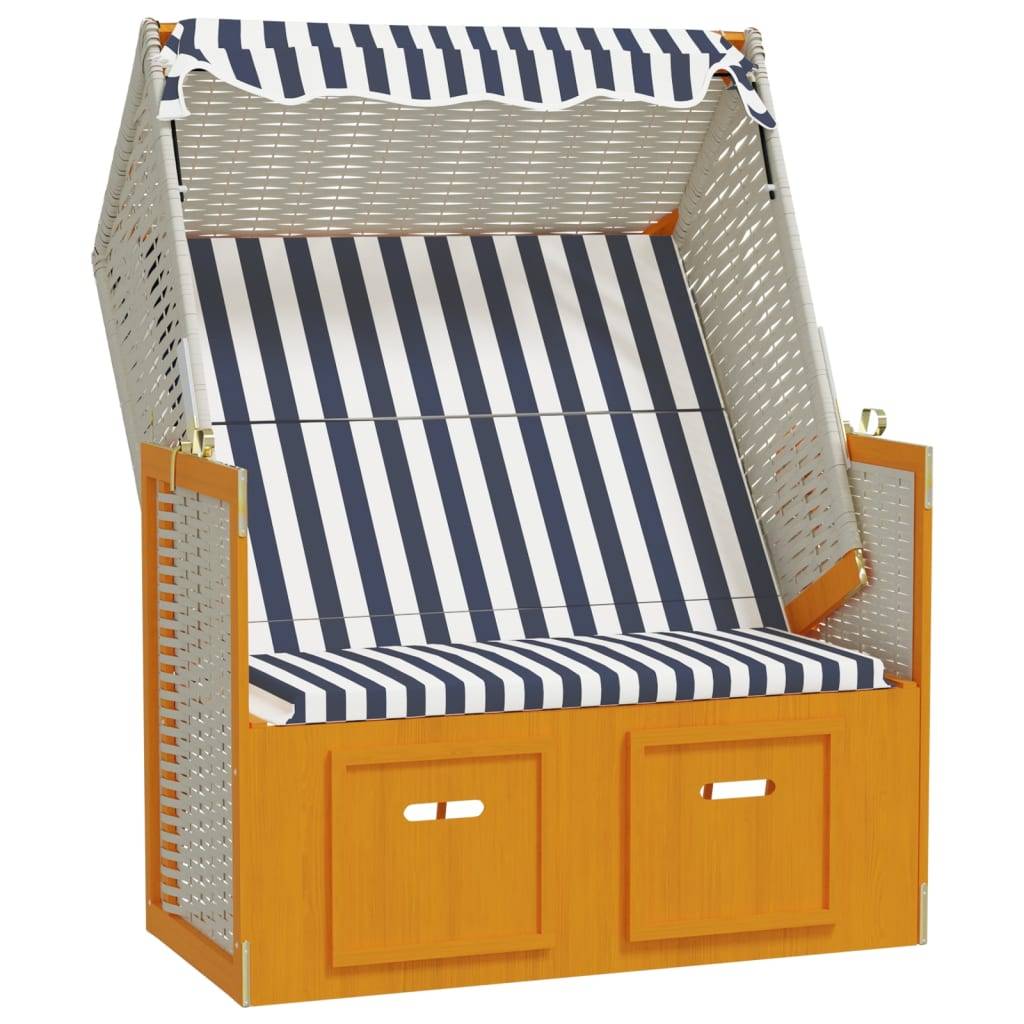 Helloshop26 - Strandkorb avec auvent résine tressée et bois solide blanc bleu - Image 1