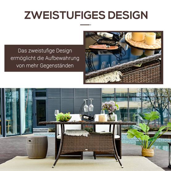 ComfortXL - Table de jardin en résine tressée métal 150 x 85 x 74 cm marron noir pour terrasse plateau verre sécurité - Image 7