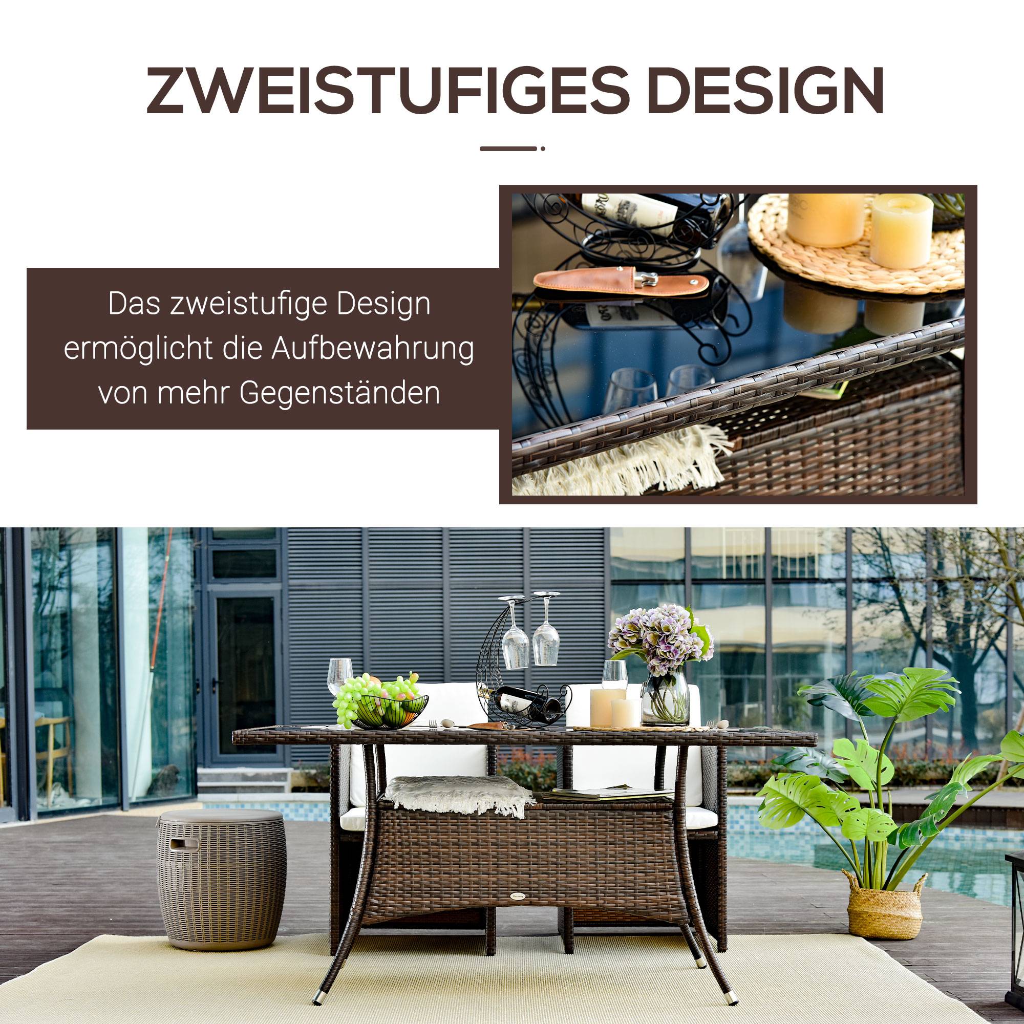 ComfortXL - Table de jardin en résine tressée métal 150 x 85 x 74 cm marron noir pour terrasse plateau verre sécurité - Image 7