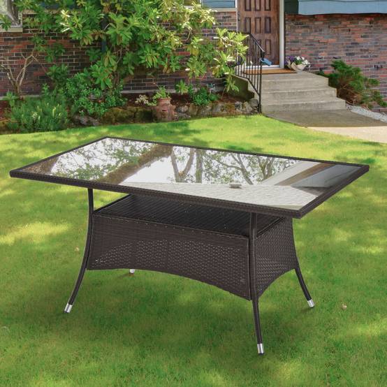 ComfortXL - Table de jardin en résine tressée métal 150 x 85 x 74 cm marron noir pour terrasse plateau verre sécurité - Image 1