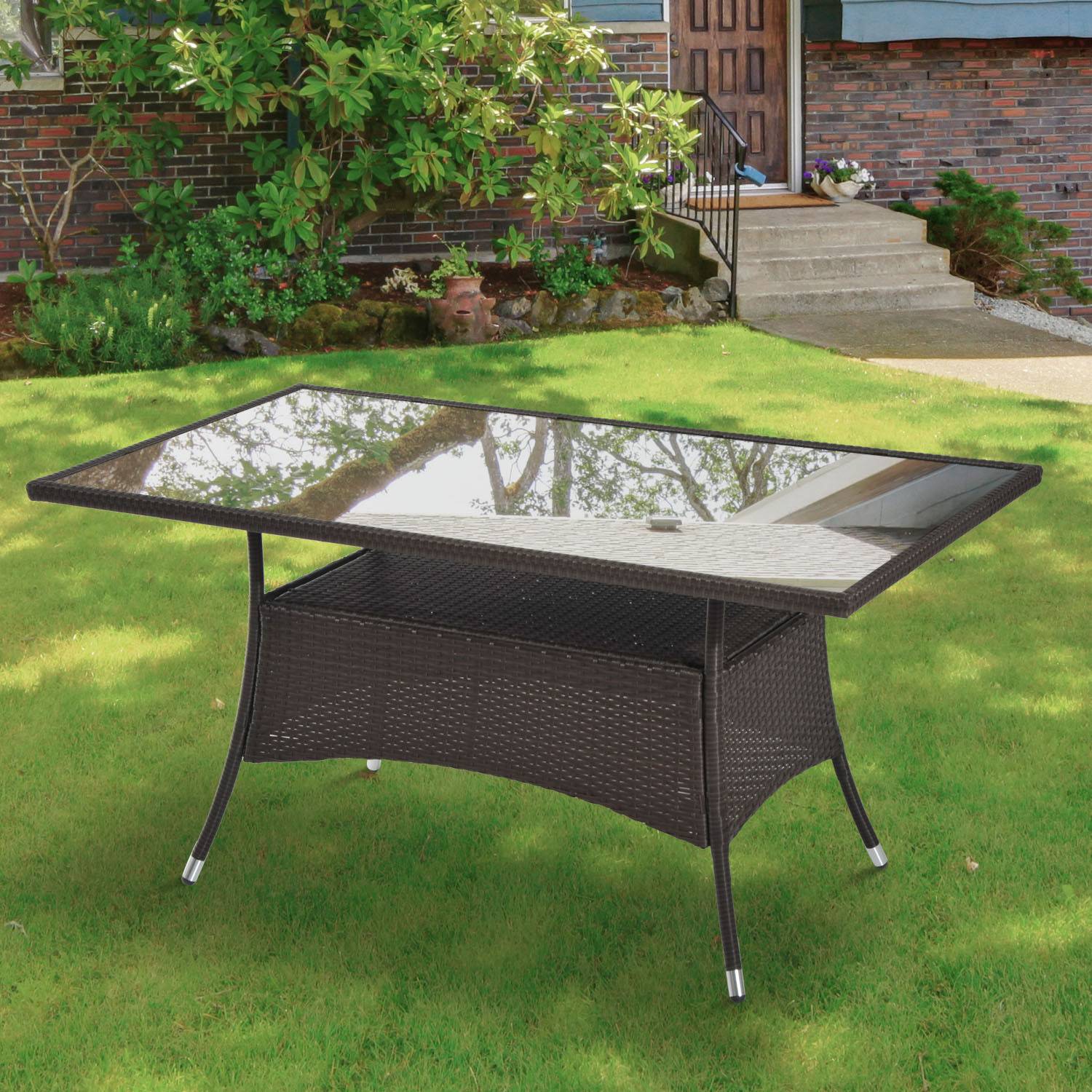 ComfortXL - Table de jardin en résine tressée métal 150 x 85 x 74 cm marron noir pour terrasse plateau verre sécurité - Image 1