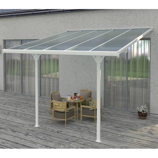 Pergola adossée aluminium blanc 9,57 m² toiture polycarbonate anti-UV kit ancrage X-Metal - Image 2