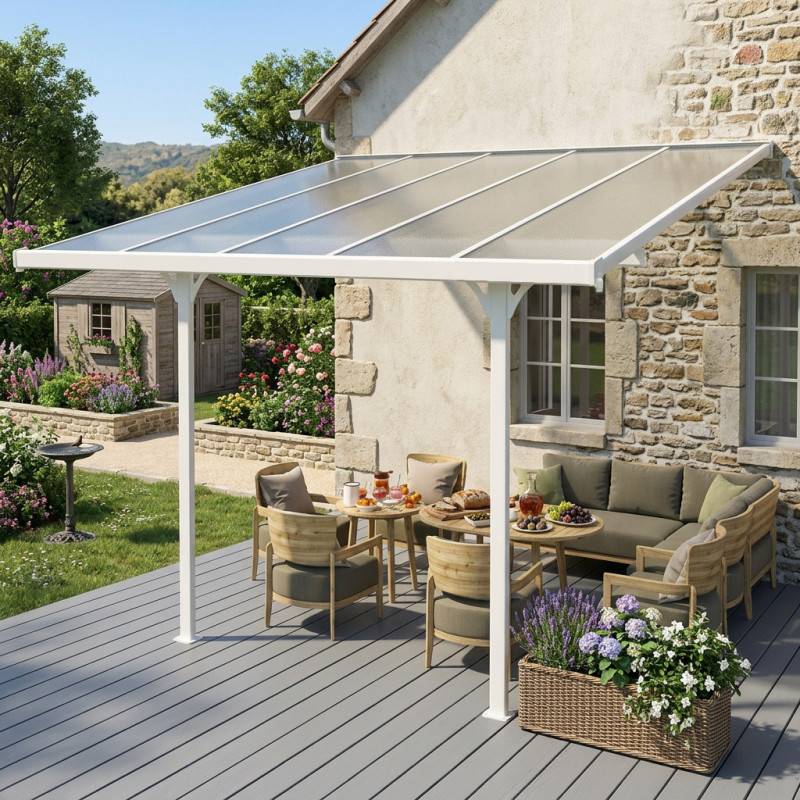 Pergola adossée aluminium blanc 9,57 m² toiture polycarbonate anti-UV kit ancrage X-Metal - Image 1