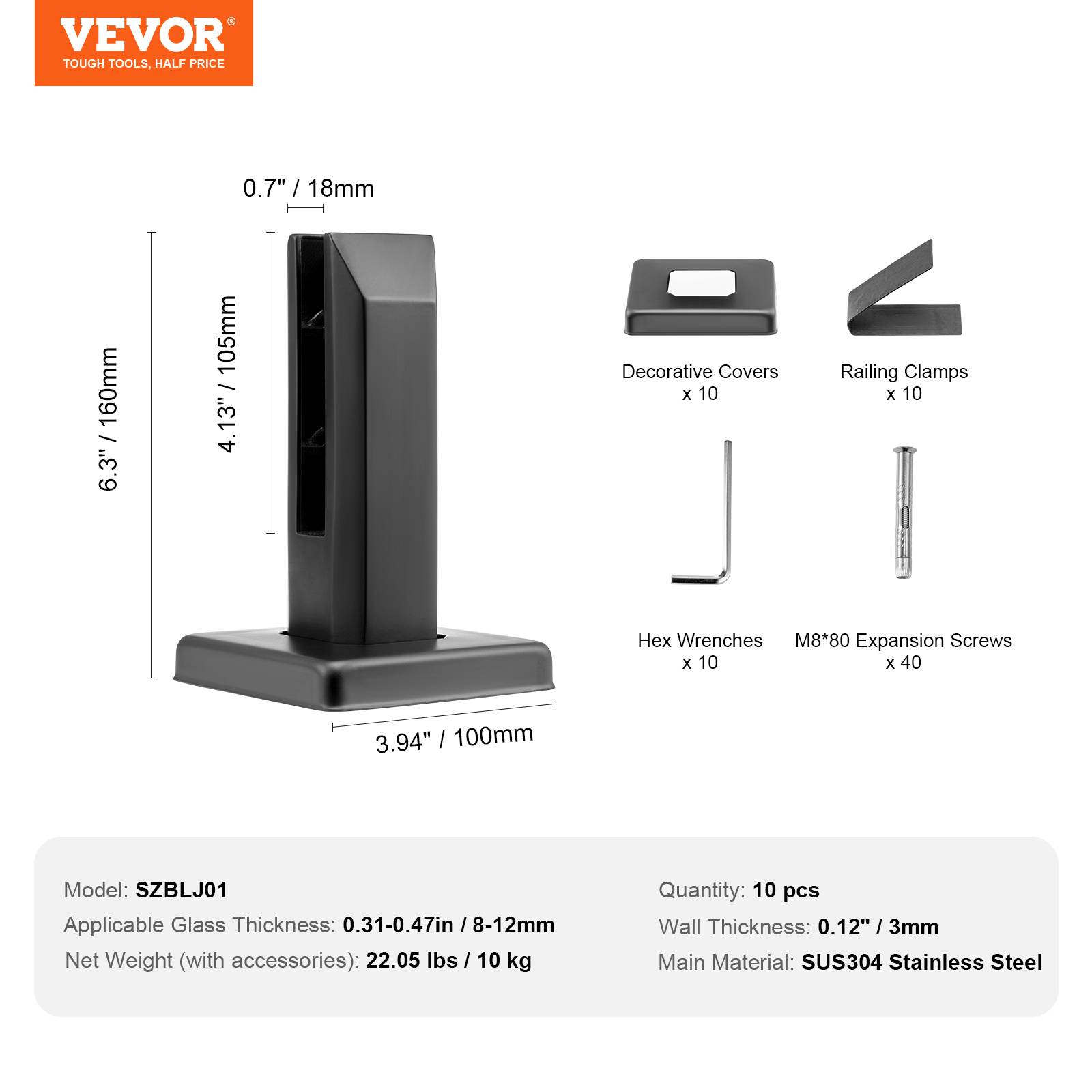 VEVOR Pinces verre carrées, 10 pcs, inox 304. Pour garde-corps verre 8-12 mm, balcon. - Image 7