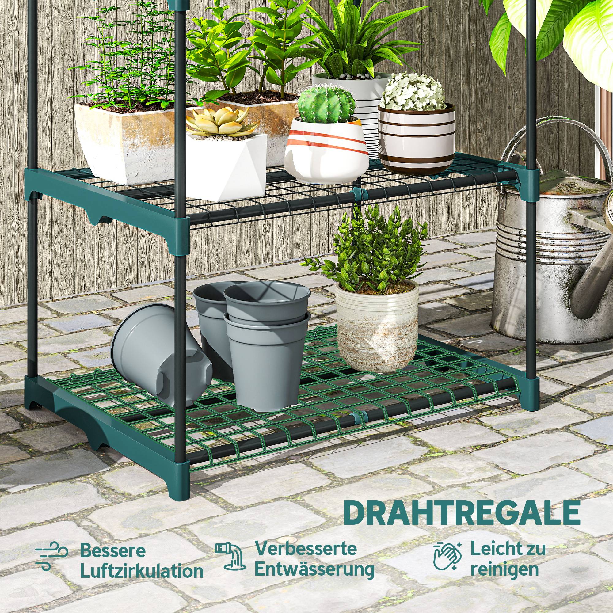 Support plantes 5 étages, 138 cm, intérieur/extérieur, étagère acier, vert foncé - Image 7