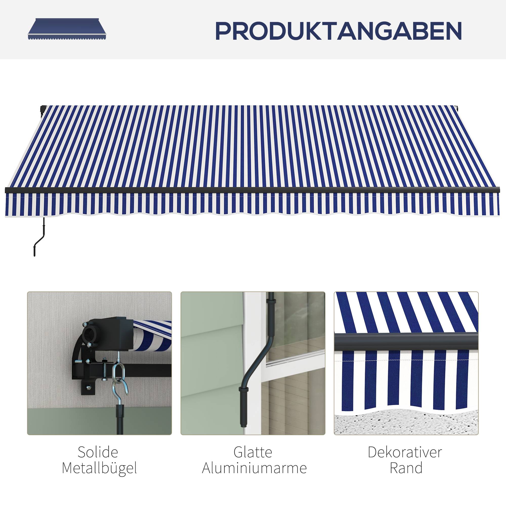 Store pare-soleil, store de terrasse, manivelle, résistant, 400 x 300 cm, bleu et blanc - Image 10