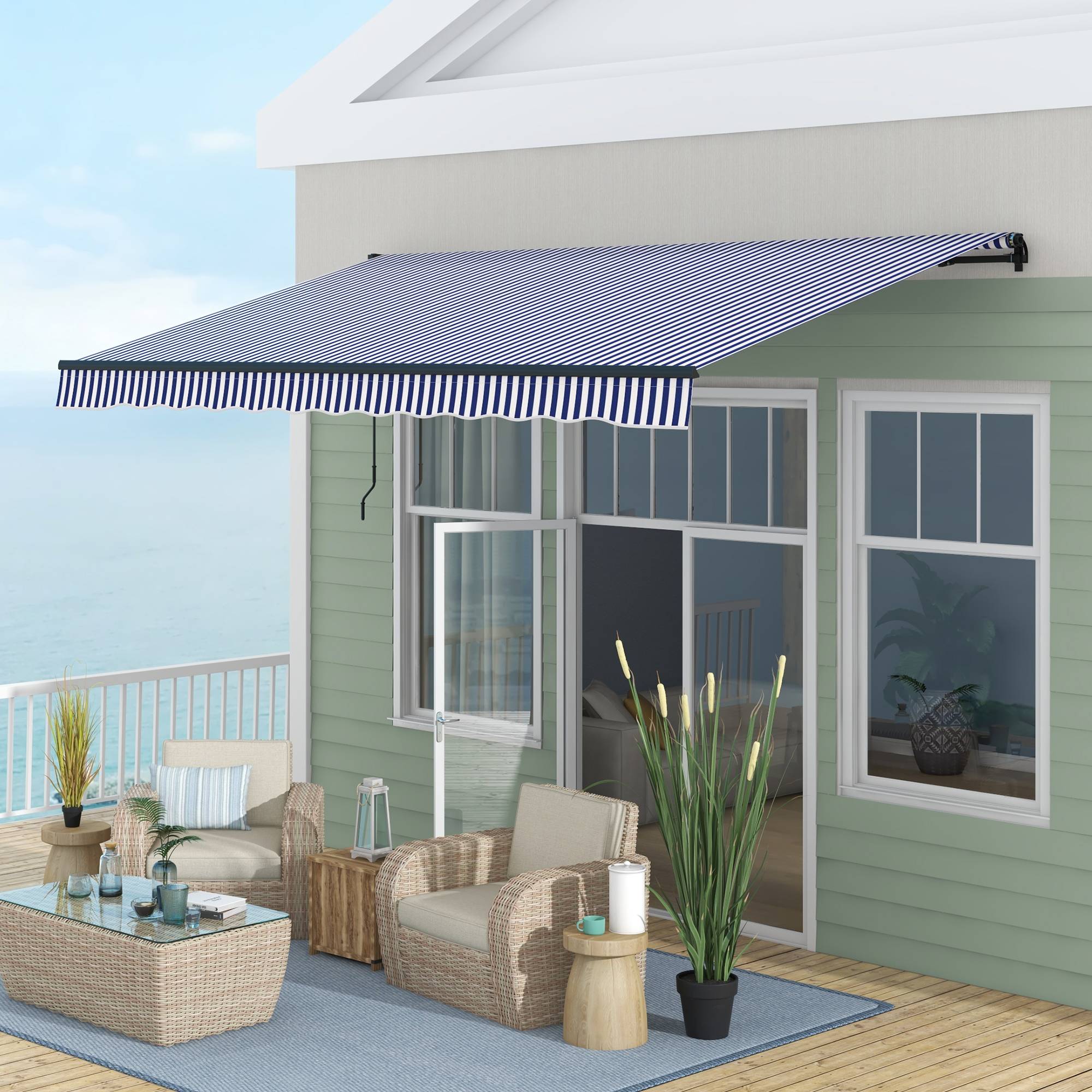 Store pare-soleil, store de terrasse, manivelle, résistant, 400 x 300 cm, bleu et blanc - Image 4