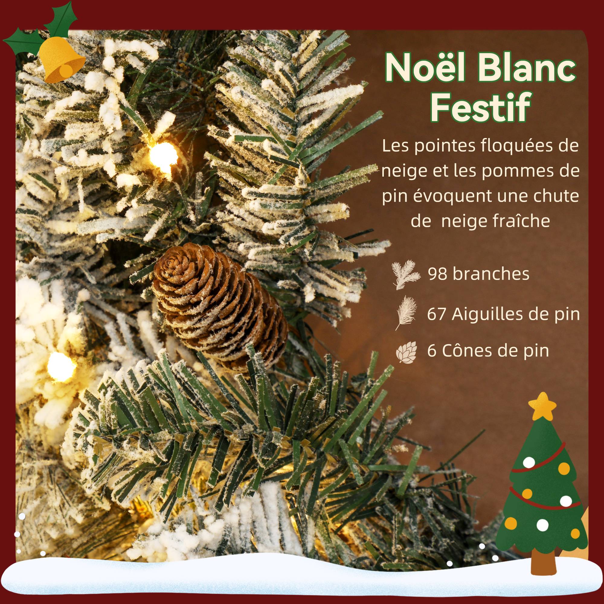 Couronne de Noël lumineuse 60cm,35 LED blanc chaud, minuterie,98 pointes, pommes de pin, vert et blanc - Image 8