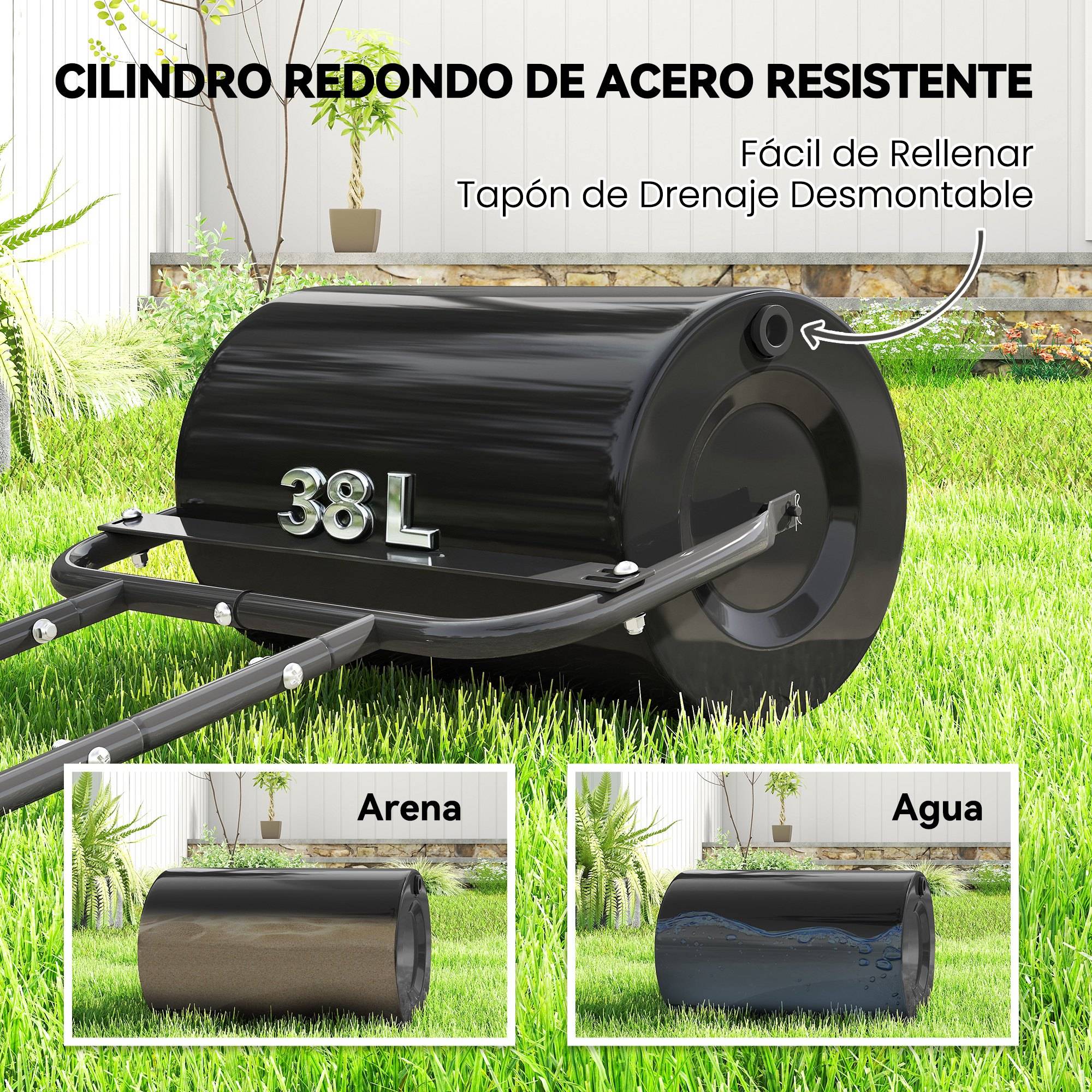 ComfortXL - Rouleau à gazon acier noir 38 L 58 x 32,5 x 113 cm pour jardin compactage réglable - ComfortXL Outdoor Living - Image 6