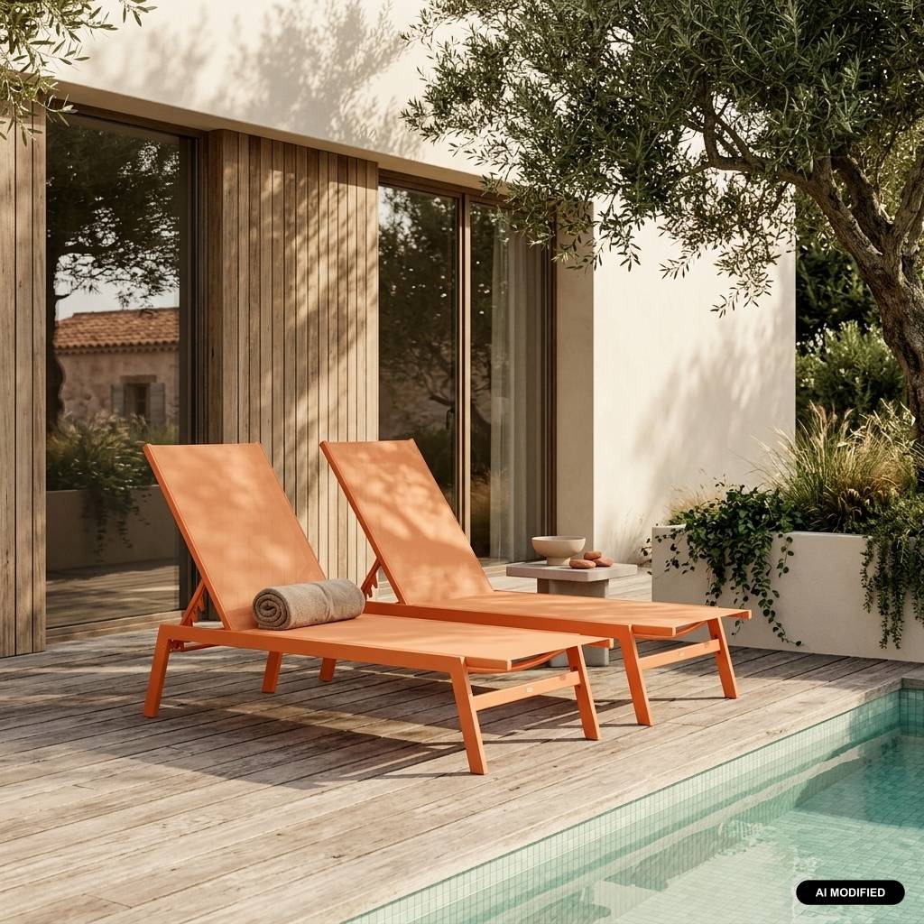 sweeek - Lot de 2 transats. 5 positions. en textilène orange et métal L155 x P59 x H106cm | sweeek - Image 1