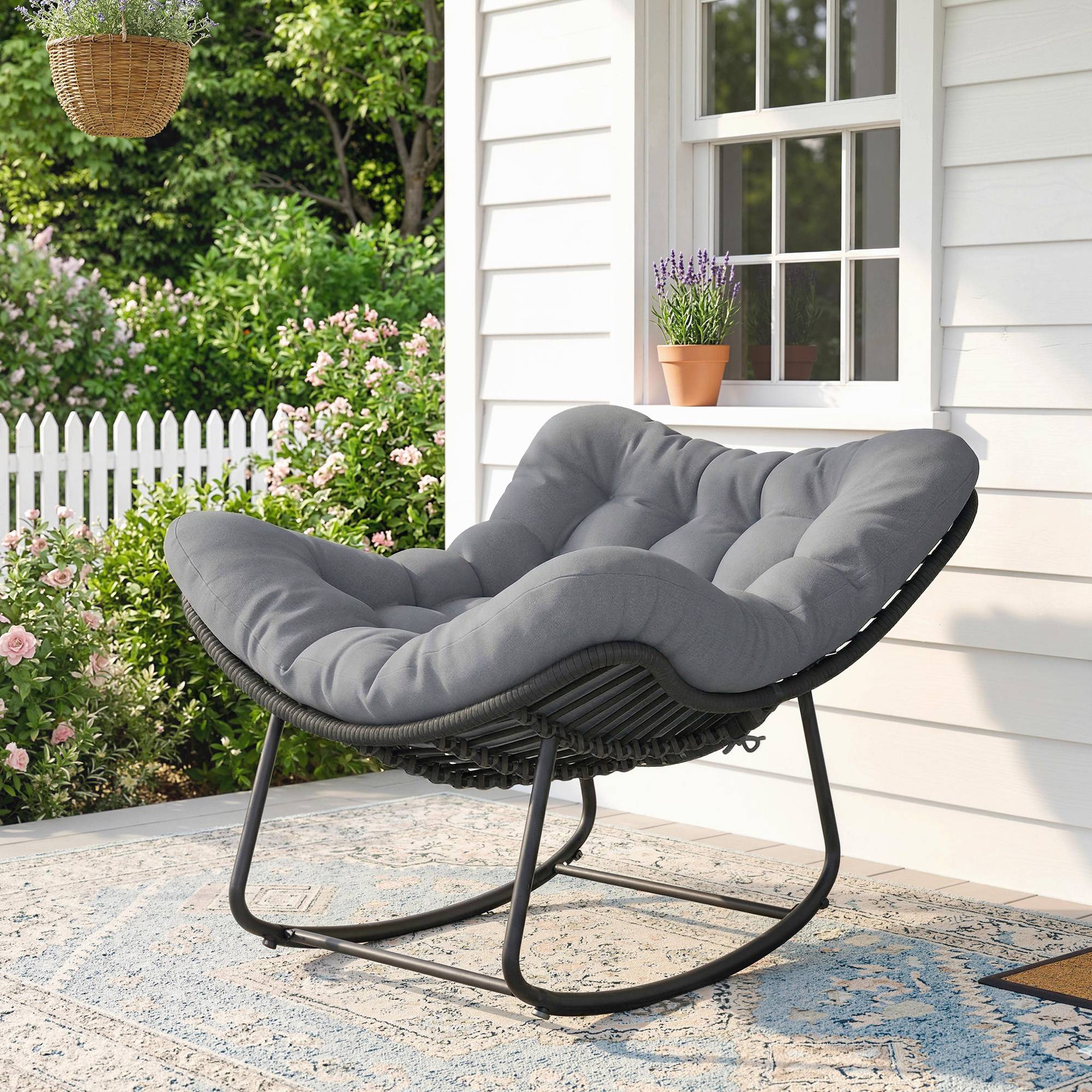 ComfortXL - Fauteuil à bascule Résine tressée Jardin Chaise relax avec coussin 110x87x70cm Gris foncé - ComfortXL Outdoor Living - Image 4