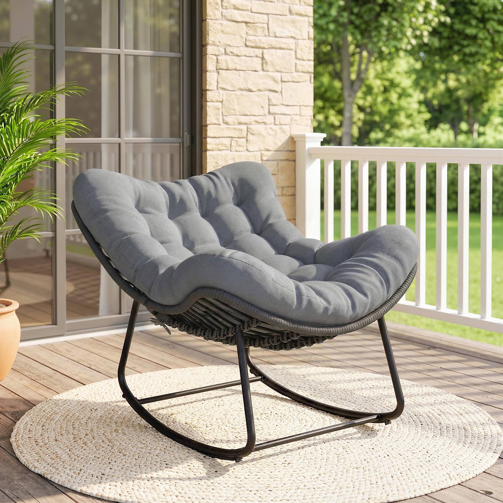 ComfortXL - Fauteuil à bascule Résine tressée Jardin Chaise relax avec coussin 110x87x70cm Gris foncé - ComfortXL Outdoor Living - Image 3