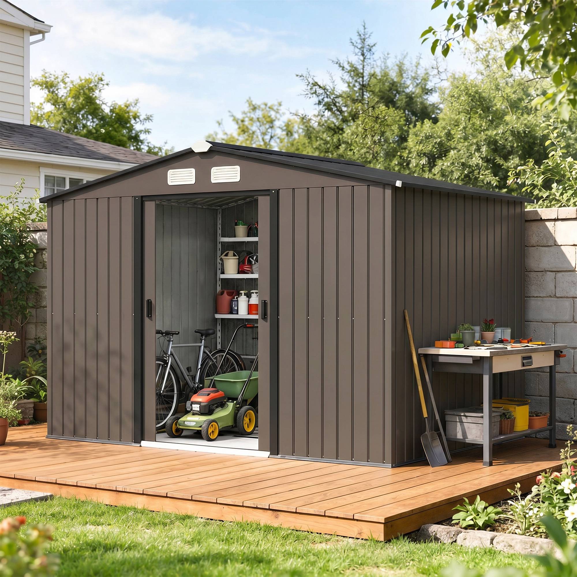 Sans Marque - Abri jardin 4 aérations 2 portes coulissantes acier 277x195x192 cm marron - Image 3
