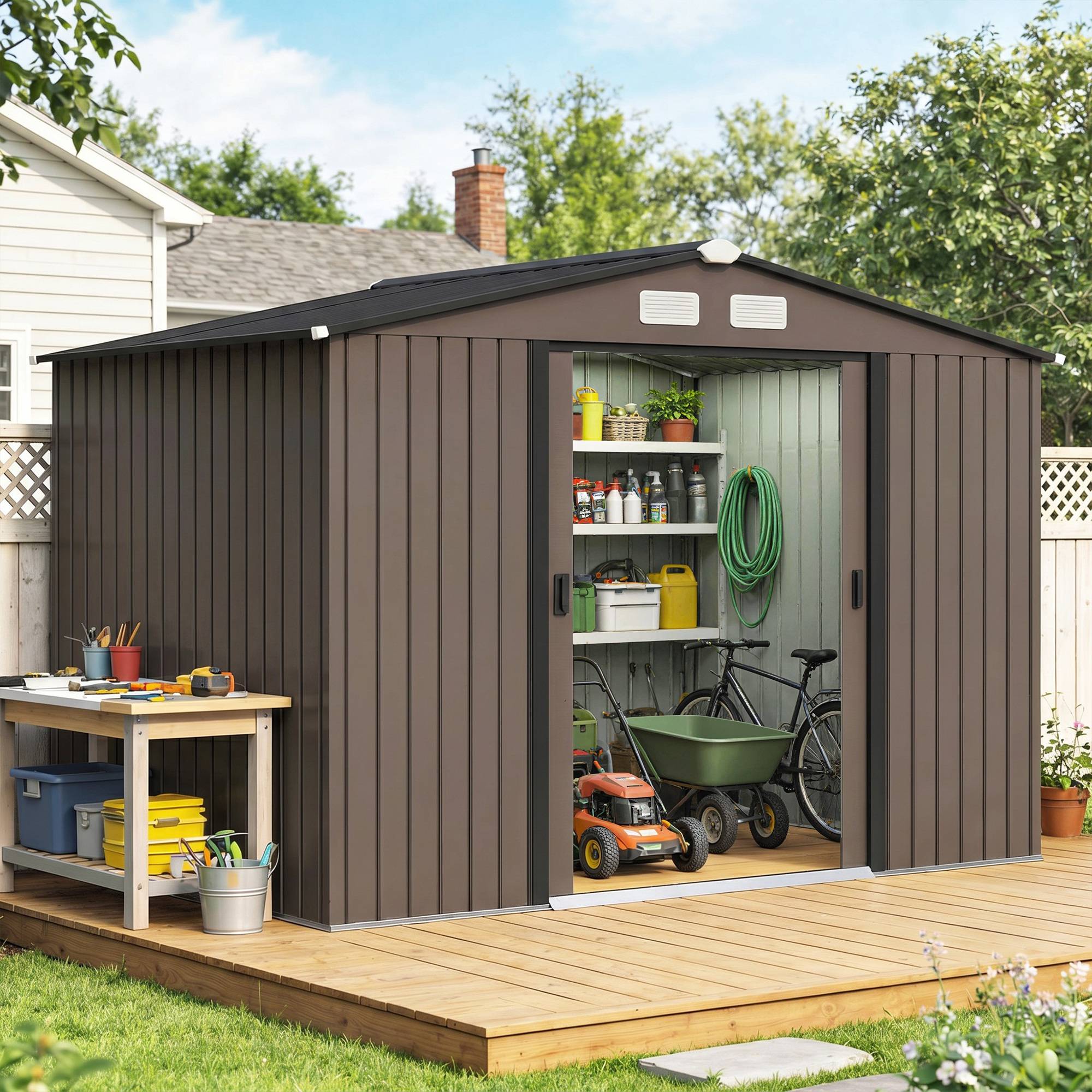 Sans Marque - Abri jardin 4 aérations 2 portes coulissantes acier 277x195x192 cm marron - Image 4