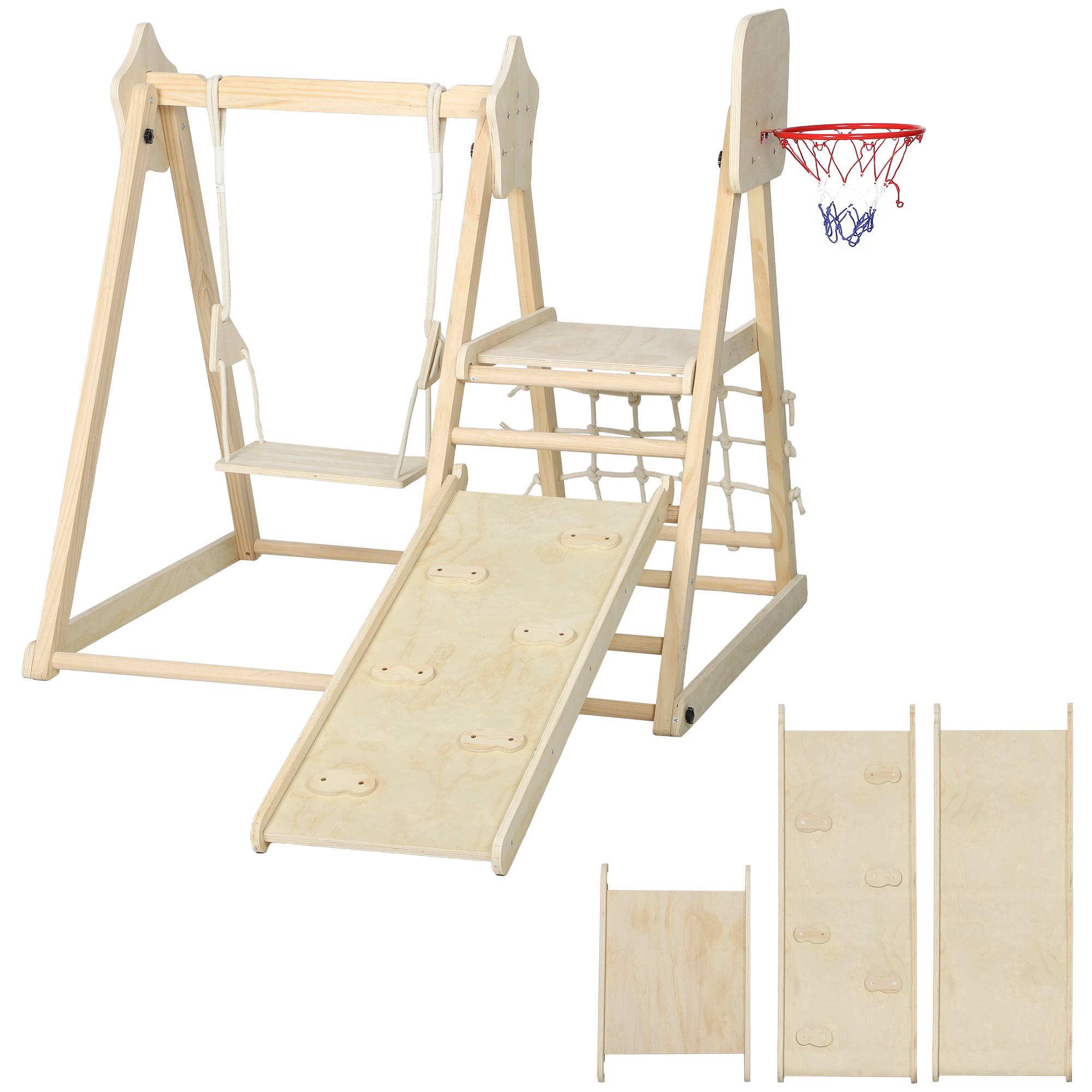 Structure d’escalade intérieure 5-en-1 pliable avec toboggan, balançoire, filet d’escalade et panier basket, 3-6 ans, bois naturel - Image 10