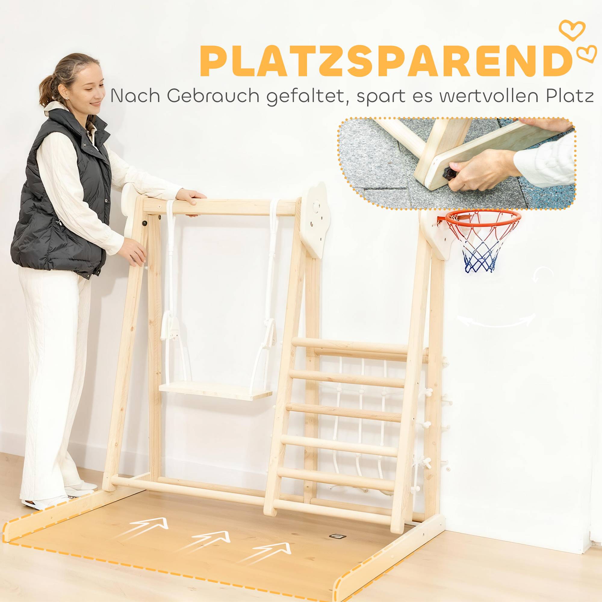 Structure d’escalade intérieure 5-en-1 pliable avec toboggan, balançoire, filet d’escalade et panier basket, 3-6 ans, bois naturel - Image 8