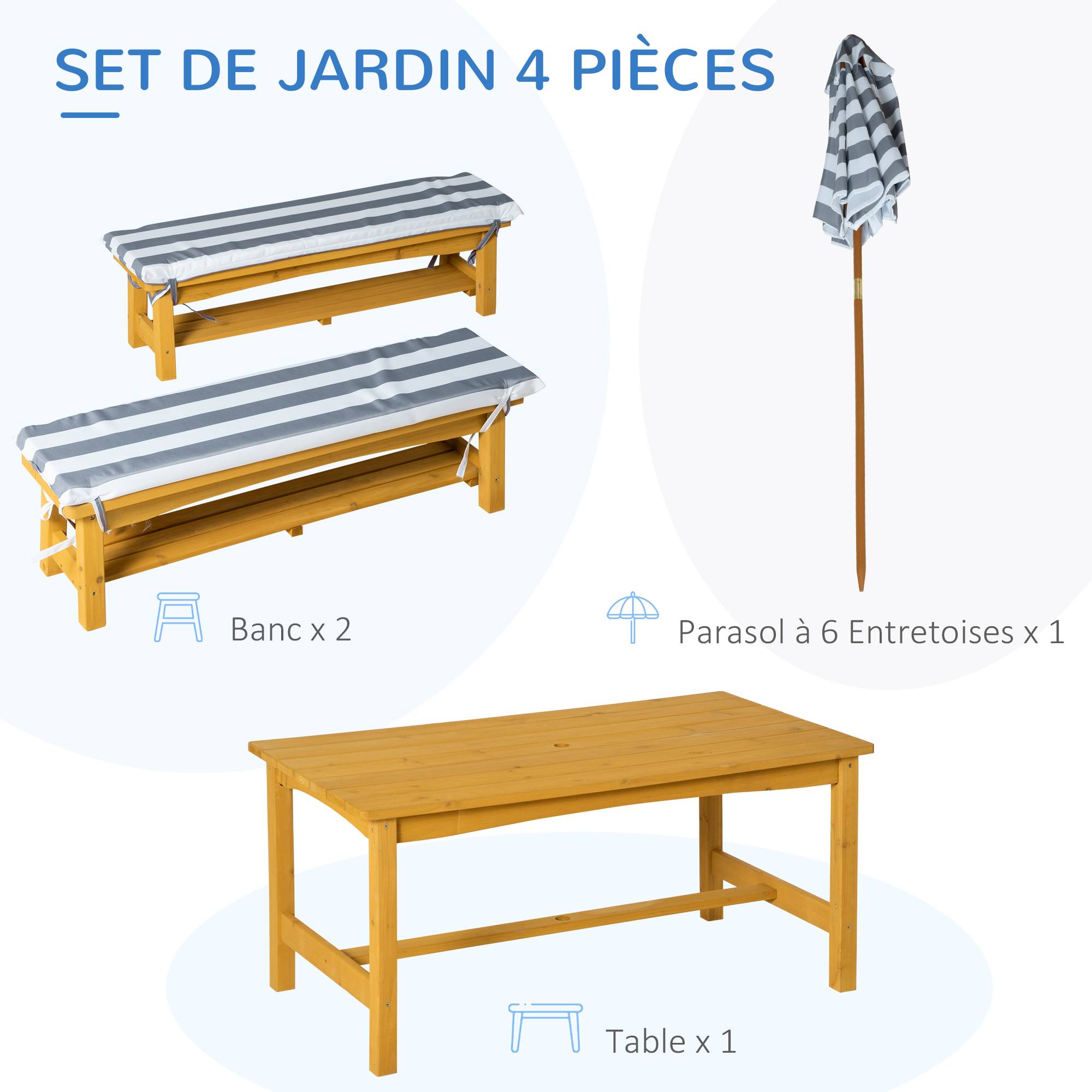 Outsunny - Ensemble salon de jardin enfant 4 pièces style pique-nique - 2 bancs, table, parasol - sapin lasuré miel polyester gris blanc rayé - Outsunny - Image 5