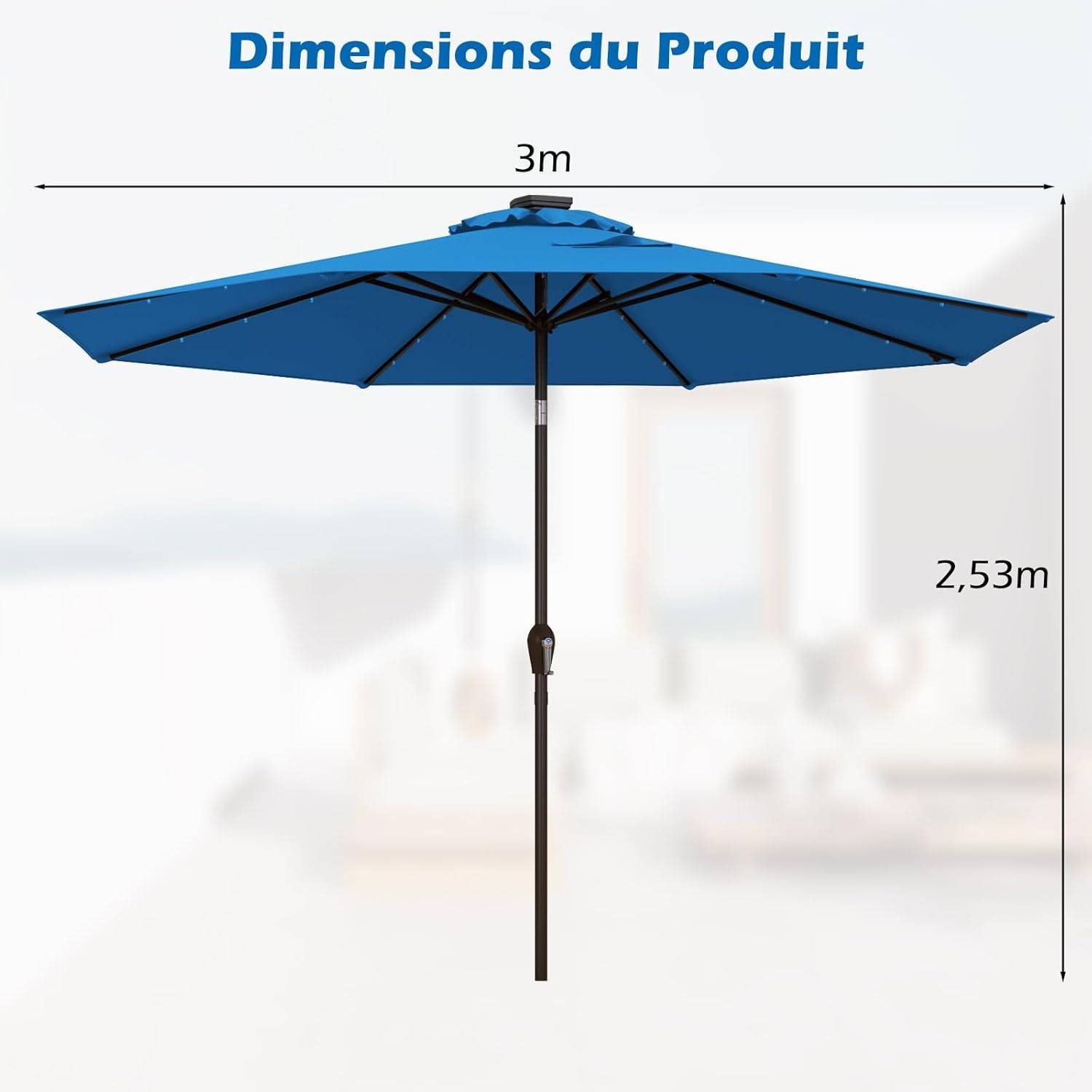 Costway - Parasol de Jardin Ø 300 CM, Parasol Inclinable Lumineux Solaire avec 24 LED, avec Manivelle et 8 Baleines Métalliques (Bleu Clair) - Image 3