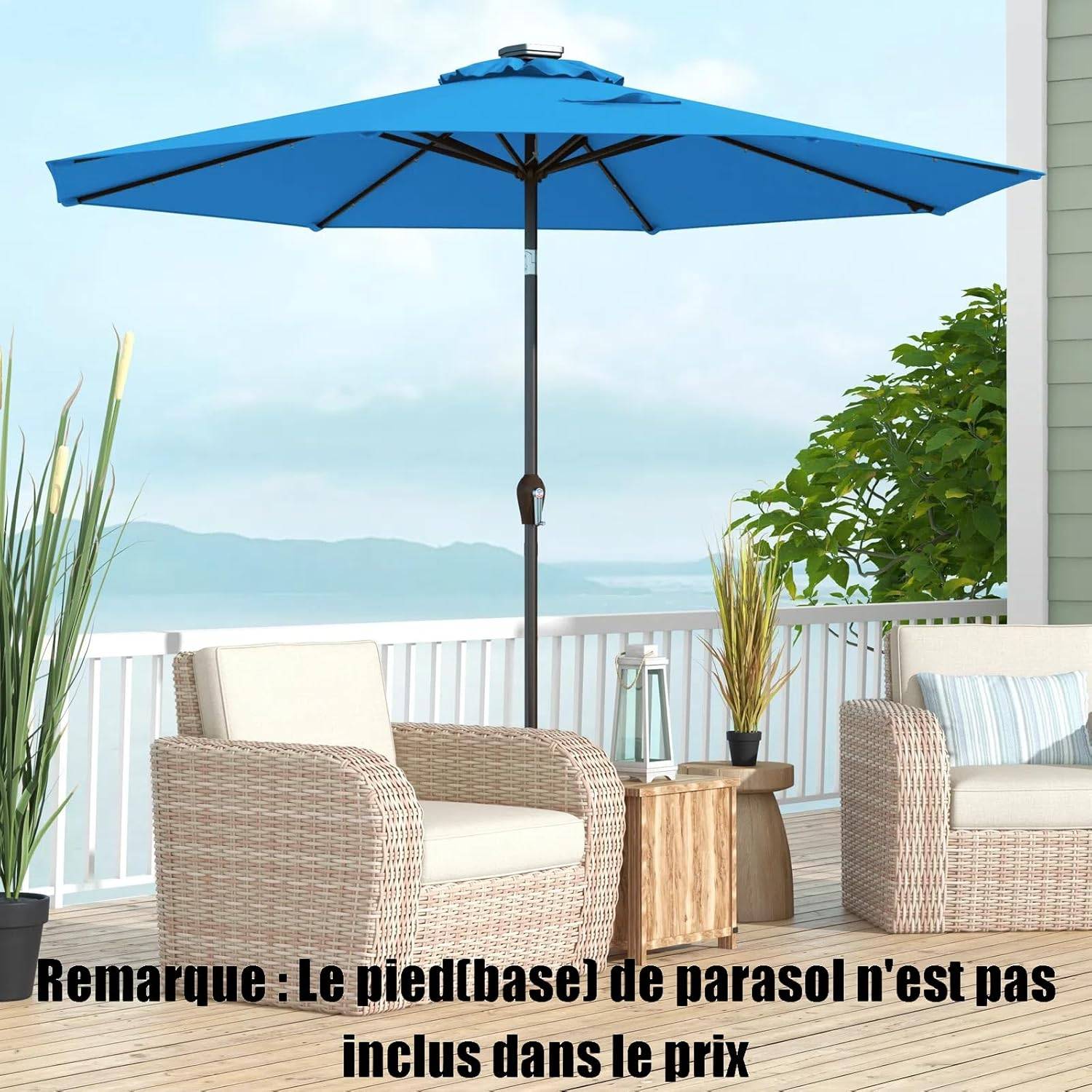 Costway - Parasol de Jardin Ø 300 CM, Parasol Inclinable Lumineux Solaire avec 24 LED, avec Manivelle et 8 Baleines Métalliques (Bleu Clair) - Image 1