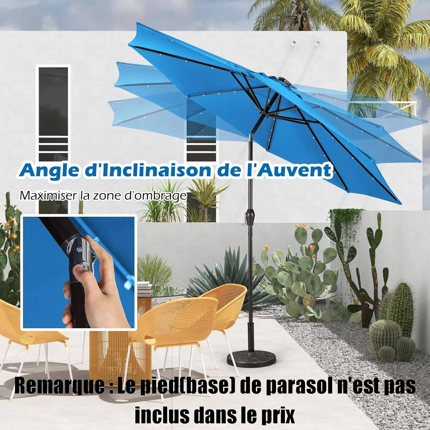 Costway - Parasol de Jardin Ø 300 CM, Parasol Inclinable Lumineux Solaire avec 24 LED, avec Manivelle et 8 Baleines Métalliques (Bleu Clair) - Image 5