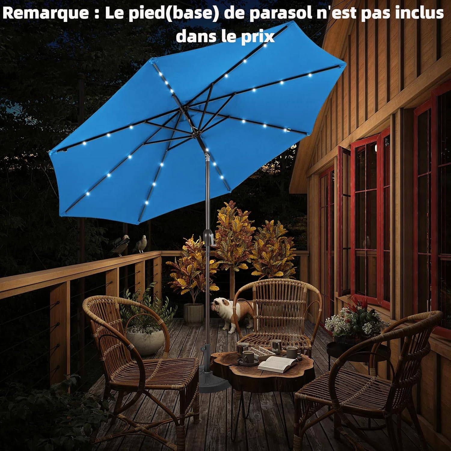 Costway - Parasol de Jardin Ø 300 CM, Parasol Inclinable Lumineux Solaire avec 24 LED, avec Manivelle et 8 Baleines Métalliques (Bleu Clair) - Image 2