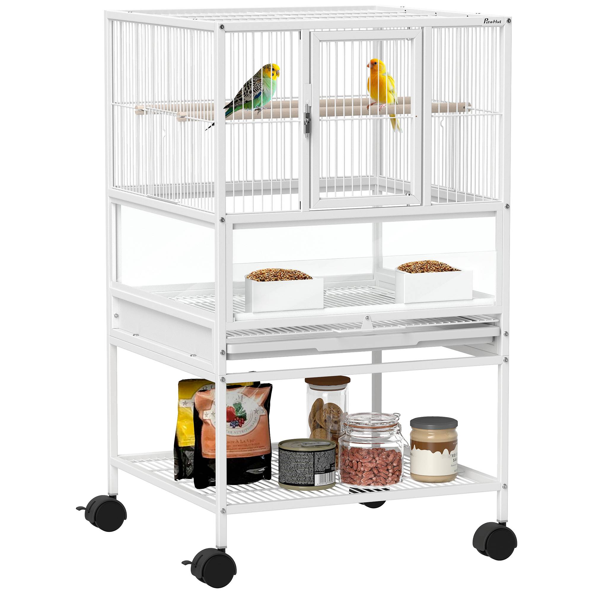 Cage pour oiseaux avec panneaux acryliques, mangeoires, support, roues et étagère inférieure, 48x46x83 cm, blanc - Image 1